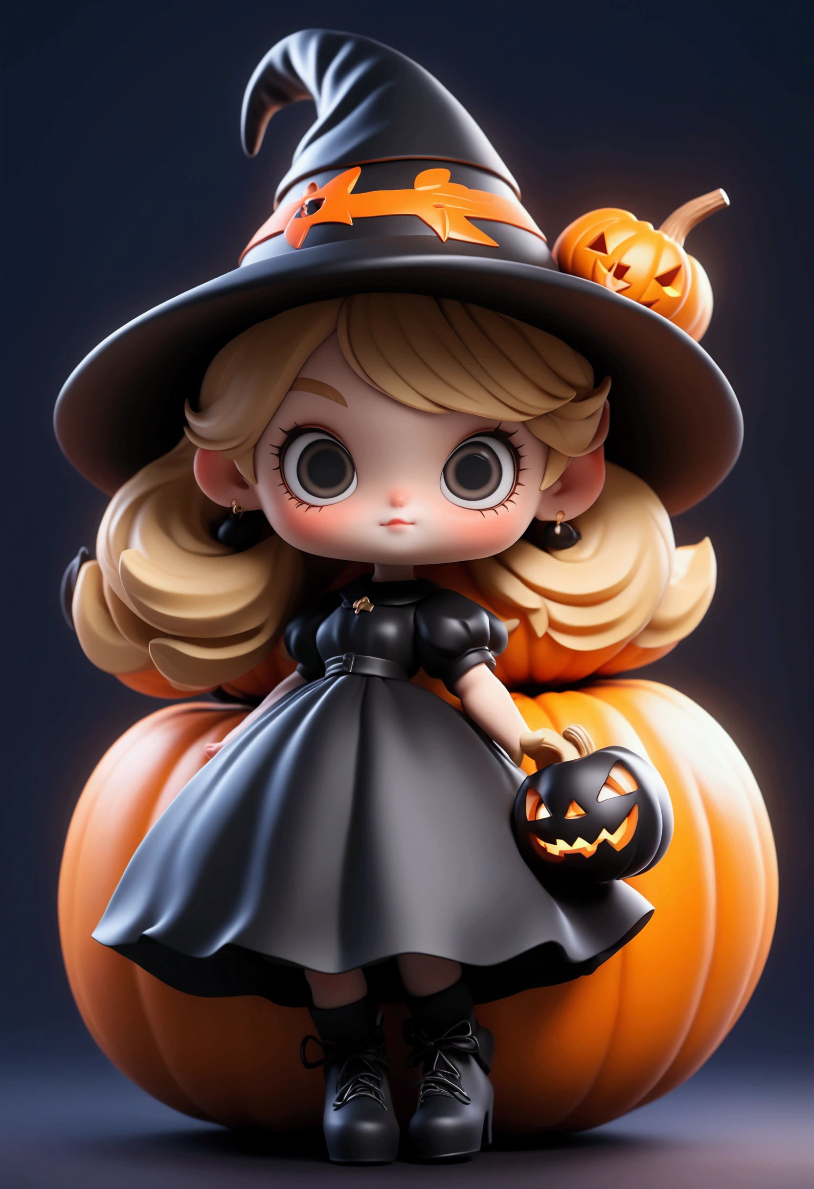 masterpiece, best quality,8K, Official Art , super high resolution,owo style ,Chibi,Halloween theme，1 girl, girl in a black dress ，Blonde hair，Wearing a wizard hat， holding a Halloween pumpkin in her hand,Sit on a big pumpkin， simple background，3D stereoscopic