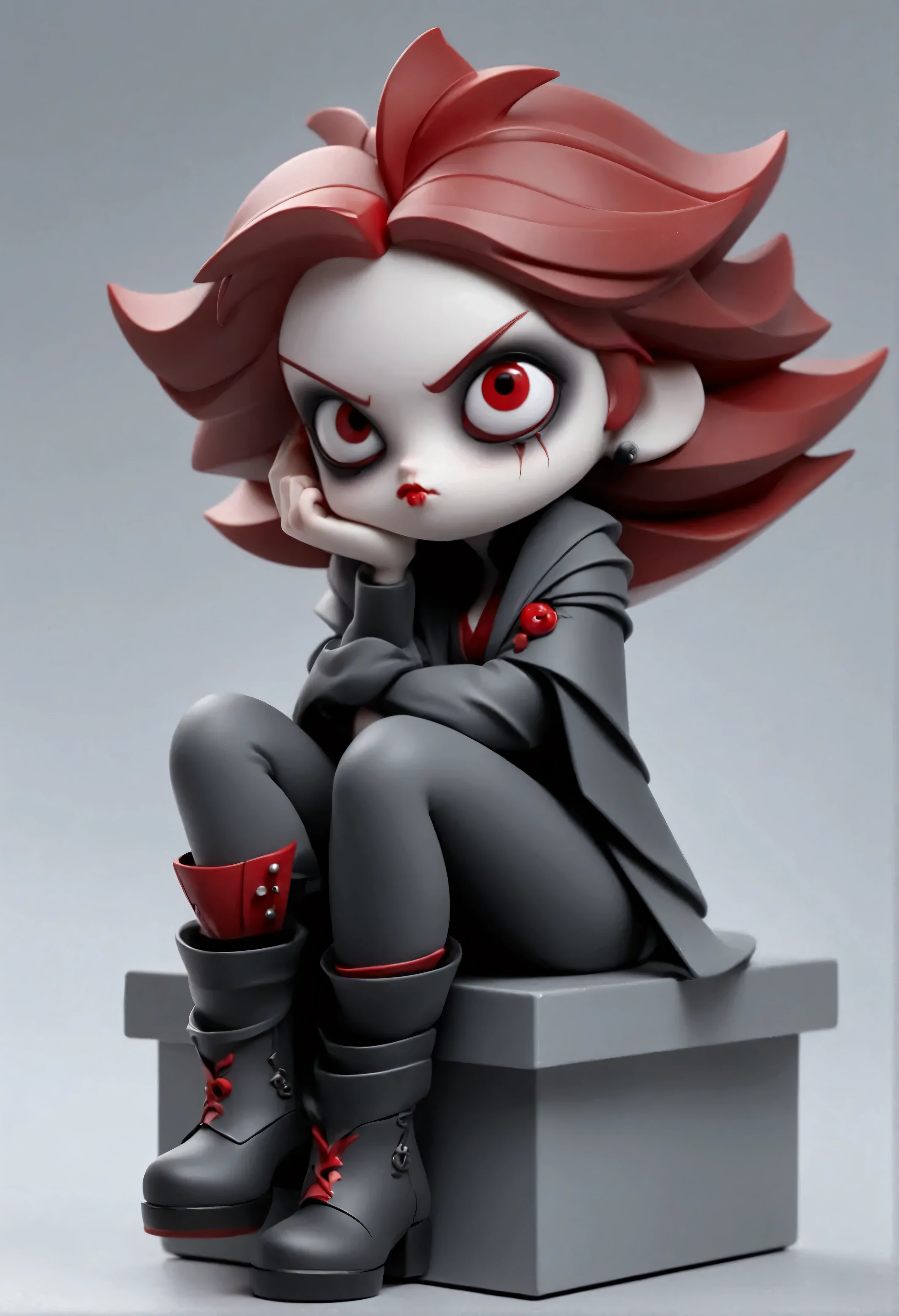 Blindbox, 1girl, red eyes, vampires, red hair, sitting, grey background, simple background, sitting,