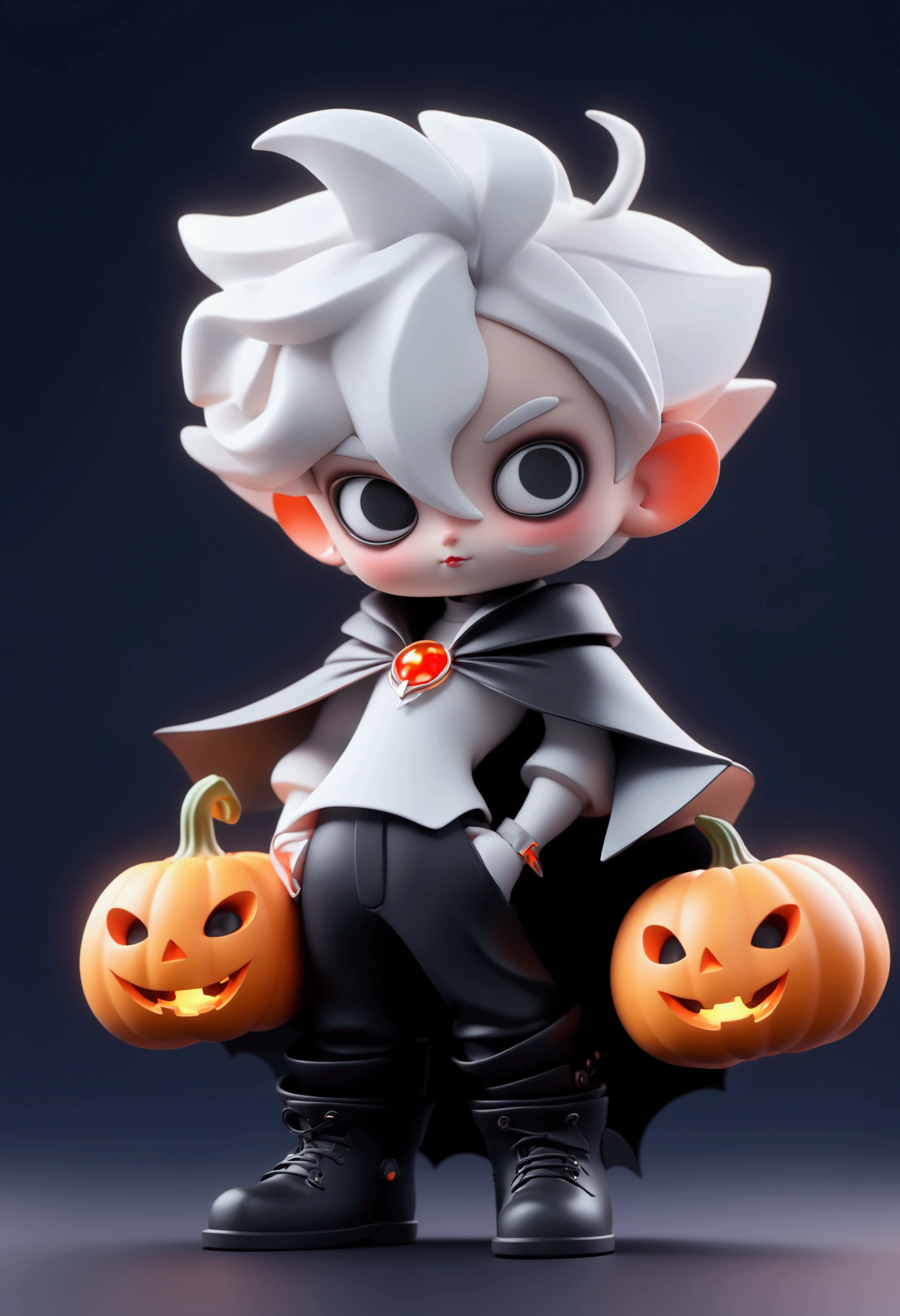 Cute vampire, Q version, 2 heads, wearing a white shirt, black cape, surrounded by pumpkins, a Halloween blind box, wearing cute boots, kawaii, Bauhaus,colorful, product design, glowing precision mechanical parts,movie Lighting, 3D, Digital Art, Clay Style, PINTEREST, Close Up, 3d, Full Black Background, 32K, American Anime Style, Super Detailed, C4D Octane Render, Blender, HD