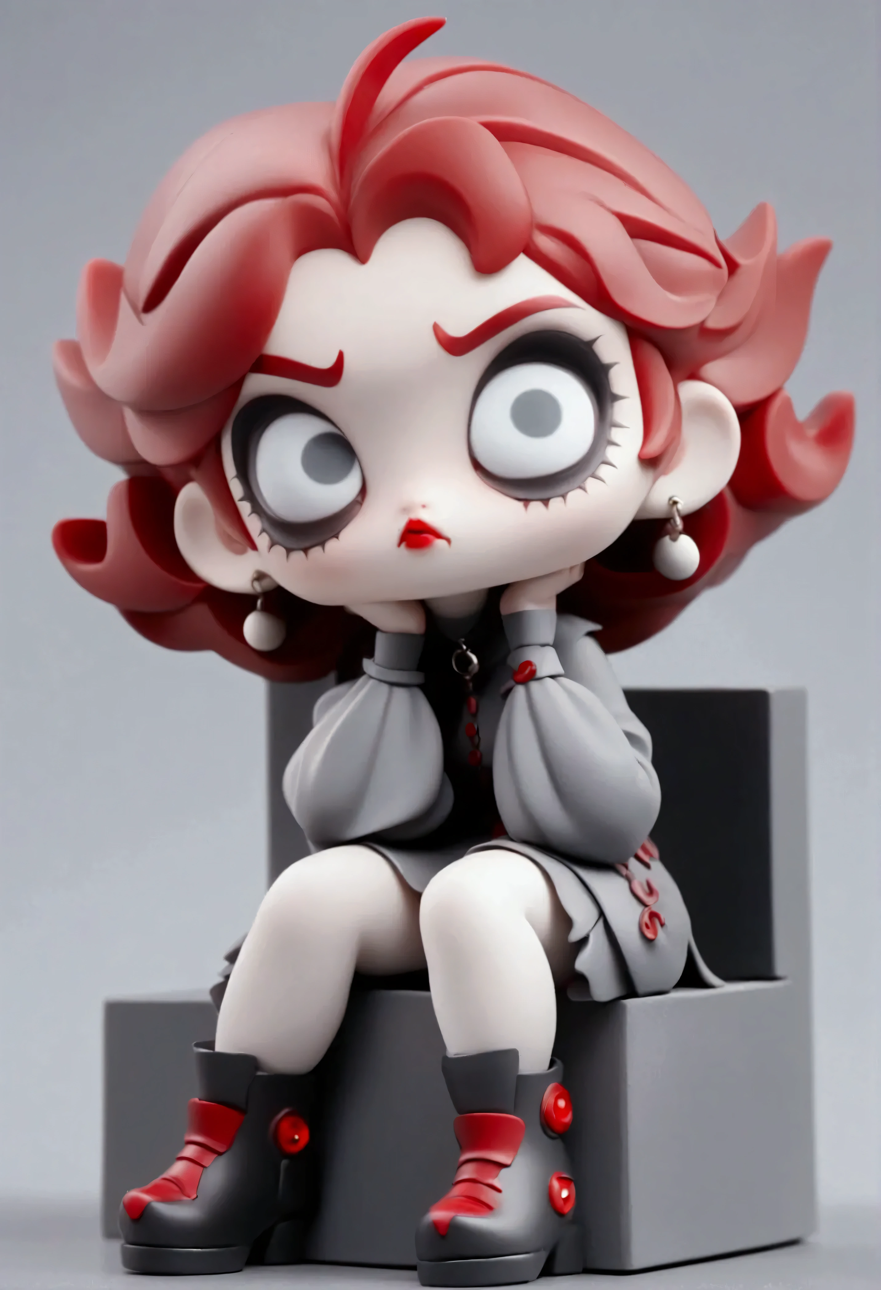 Blindbox, 1girl, red eyes, vampires, red hair, sitting, grey background, simple background, sitting,pop mart