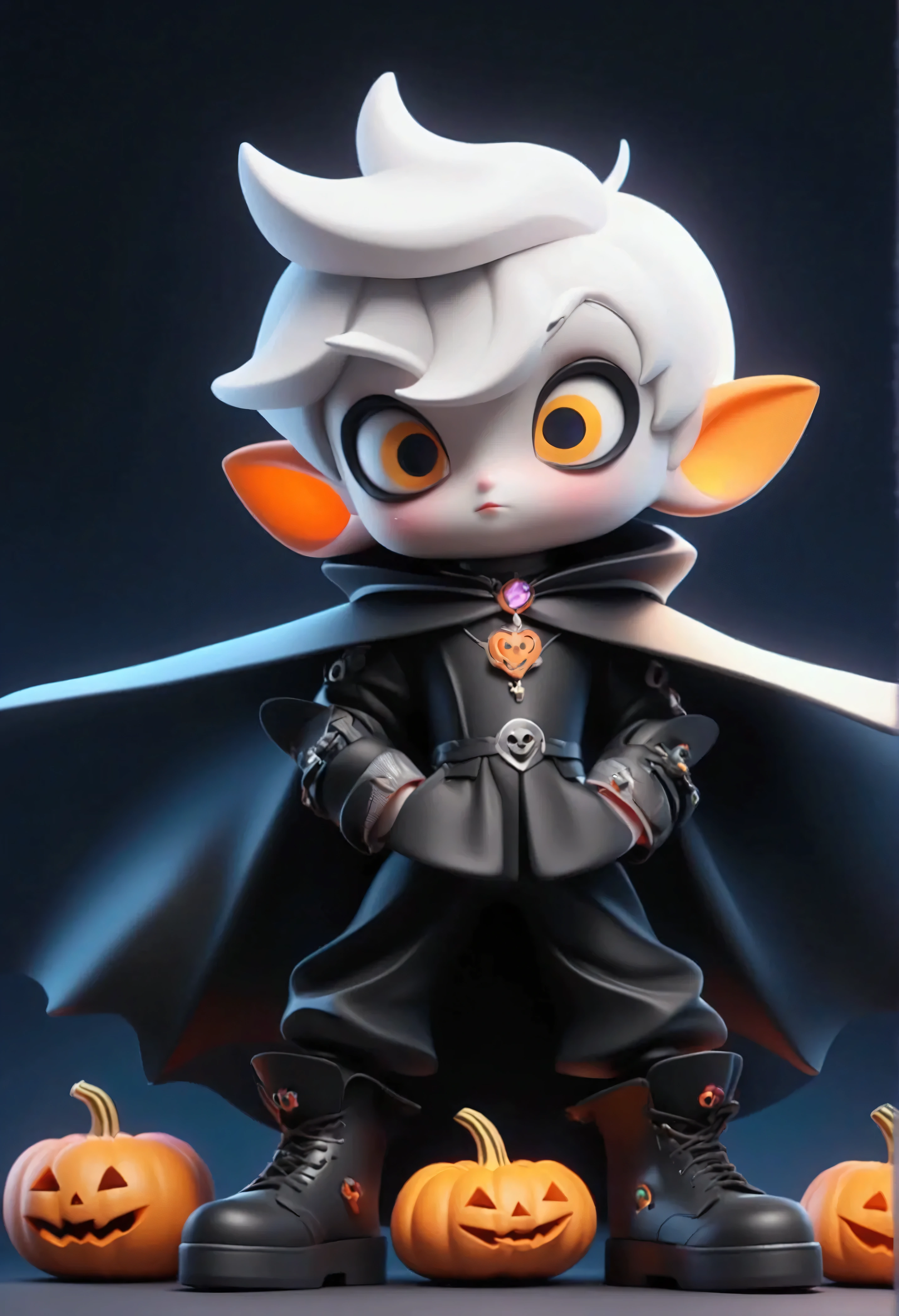 Cute vampire, Q version, 2 heads, wearing a white shirt, black cape, surrounded by pumpkins, a Halloween blind box, wearing cute boots, kawaii, Bauhaus,colorful, product design, glowing precision mechanical parts,movie Lighting, 3D, Digital Art, Clay Style, PINTEREST, Close Up, 3d, Full Black Background, 32K, American Anime Style, Super Detailed, C4D Octane Render, Blender, HD