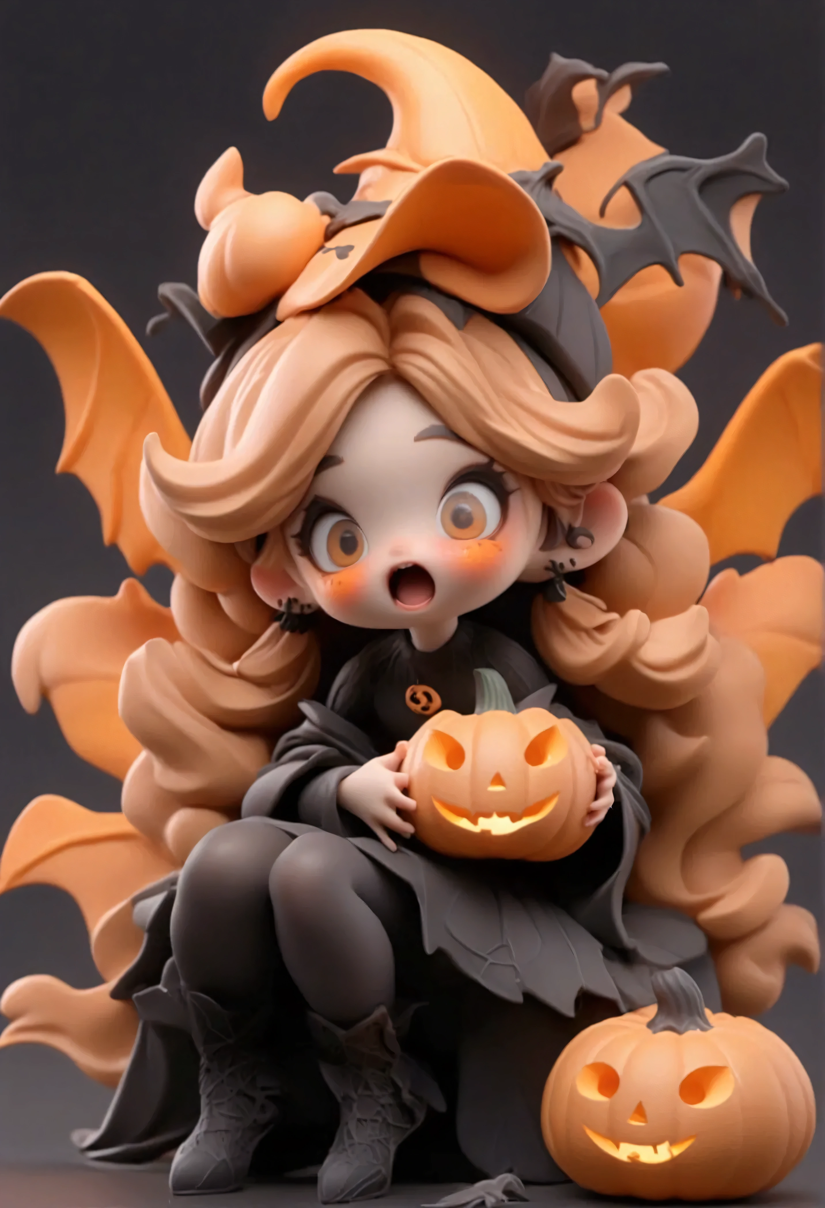 masterpiece),(bestquality),(ultra-detailed),blindbox,1girl, solo, looking at viewer,blush stickers,jack-o'-lantern, cheek squash, pumpkin, pumpkin hair ornament, pumpkin hat, long hair, absurdly long hair, pointy ears, sharp teeth, open mouth, sitting, bat wings, spider web,