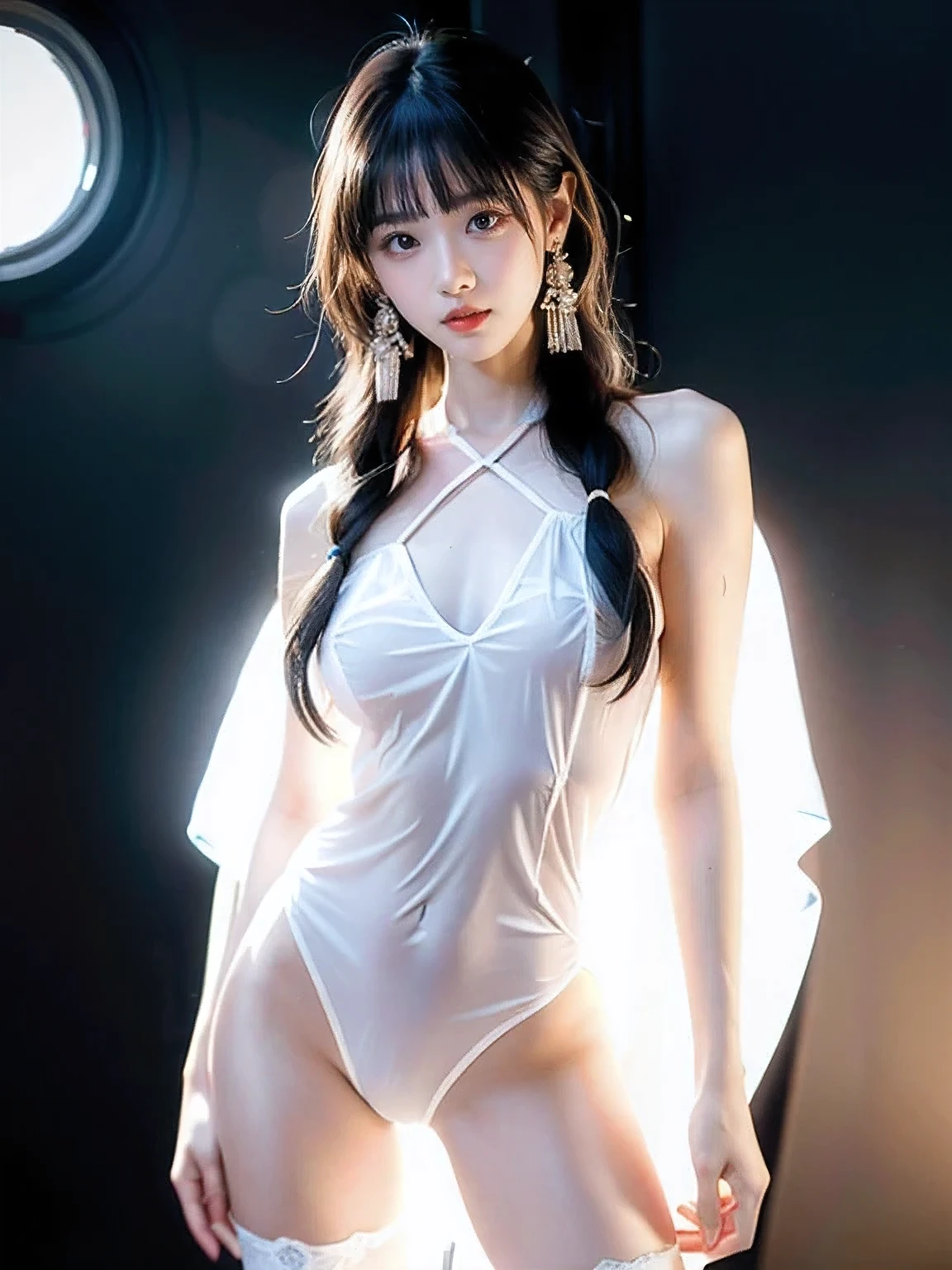((A woman)), Sexy Chinese girl with beautiful face, Wearing a transparent Pink tulle shirt jacket, Wearing grey latex bikini underwear, Soaked, (((Light theme, Expose theme, Sexytheme, cyberpunk style)))
((Transparent Pink Clothes:1.5), (Revealing clothes: 1.5), (Wet clothes:1.5), (Clothes Color: Pink), (Theme: vitality), ((Wearing transparent Pink sci-fi clothes))), (((Sexy透视))),
(((night, Doomsday building ruins, Wet environment, water leakage, rainstorm)))
((Desktop:1.0), (最high quality:1.0), (high resolution:1.2), (Reality:1.0),( Ultra HD:1.3))
(( 8k Ultra HD , 8k, 超high resolution, high resolution, 最high quality, high quality, Best image quality, Supene, Ultra-clear, Clear focus, Clear outline, masterpiece, Masterpieces, complete pattern, Detailed photos, Original photo, Delicate facial features, Well-defined, Highly rated works, Close-up depth of field photography, Above the knee, Symmetrical character)),
((Creating the image of a real girl), Realistic shadows, Soft natural light, Soft lighting, Dynamic Angle, Dynamic poses, elegant posture, Cowboy lens, Full body front view, full of confidence, Facing the camera, Eyes looking towards camera lens, Standing posture, Open your legs slightly, Legs open, Golden Ratio Graphics, minimalism, Center the character),
((Smile, Sexy, Balanced Eyes, Realistic eyes, Beautiful details of the eyes,Pretty Face, (Realistic face), Normal facial features, Realistic skin, Pay attention to skin details, Skin is clean and radiant, Full body glossy skin, Fair skin, Anatomically correct body, Golden ratio figure, Sexy身材, Detailed and realistic human body)),
(Perfect makeup, Gloves, earrings, bracelet, necklace, Jewelry, Hair accessories, shawl, sock, Knee socks, Hanging garter, Leg ring, garter, Leg garter),
((beautiful hair), Dark black hair, Wavy curly hairstyle, Waist-length hair, Messy Hairstyle, Gradient Hairstyle, Cyberpunk hairstyle, High double ponytail hairstyle, bangs),
((Sexy, Beautiful upturned breasts, Perfect breast shape, Teardrop chest shape, Snow-white breasts, Very detailed breasts, 34C cup, Realistic breasts, Realistic areola, Realistic nipples)),
(Super high waist, Deep V, Low-cut, sexy, Charming, Open crotch, (Clear camel toe, (High fork and genitals))),