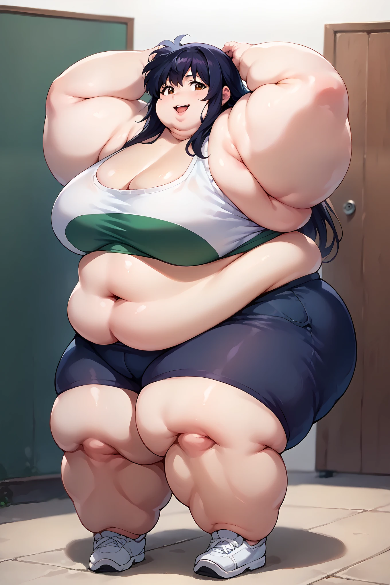 portrait, sharp focus, soft lighting,, , illustration, depth of field, (bloom:0.4), kagomexl, long hair, black hair, brown eyes, bangs, white jacket, green tube top, midriff, black bike shorts, smile, fat, chubby, obese, full body shot, gigantic arms and legs, squatting, arms up 