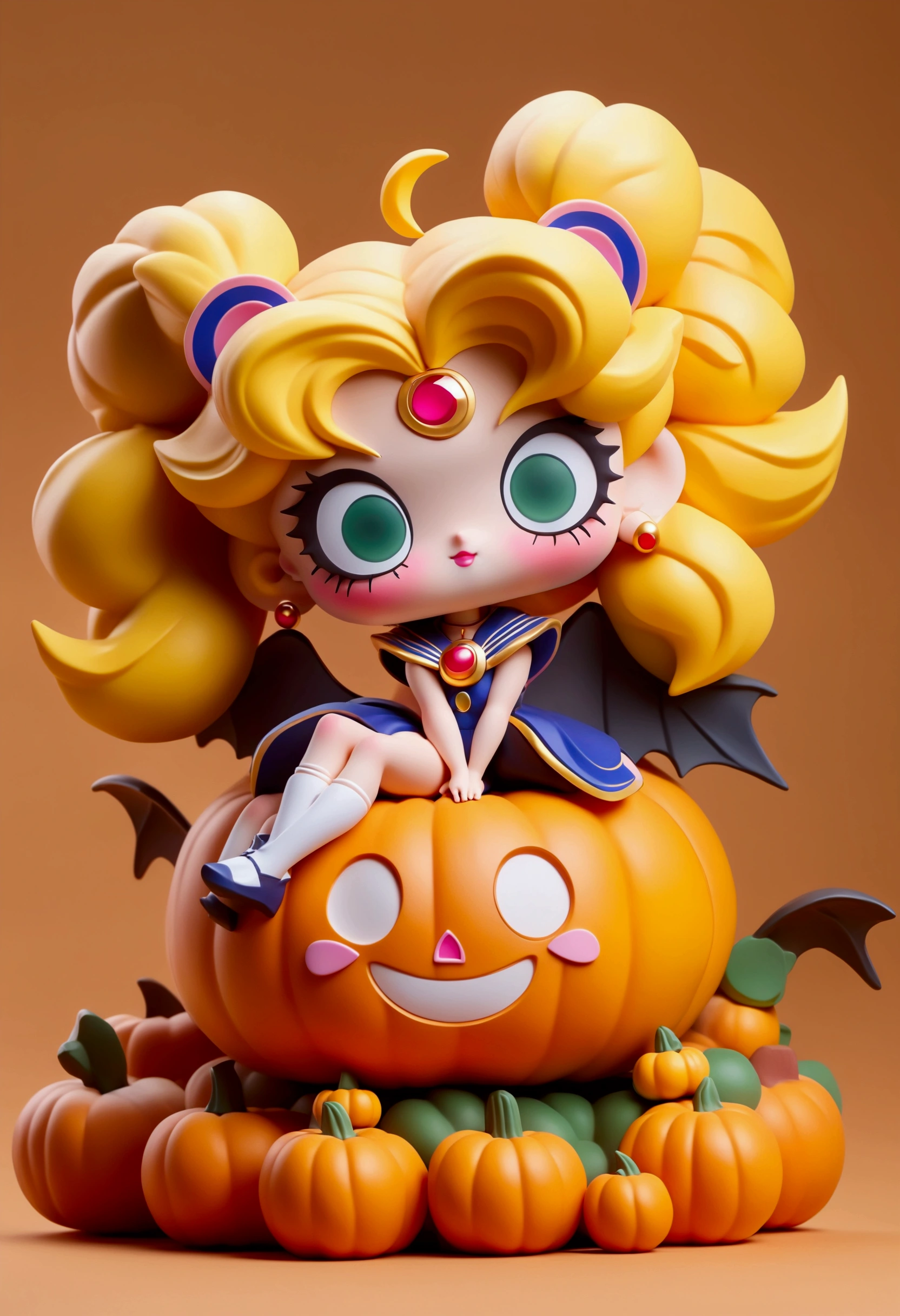 Sailor Moon with bat wings,,POP MART blind box,bright and bold color,halloween theme,Sitting on a pumpkin,moon background,masterpiece,Super large round monochromatic eyes,full body,Big-headed doll,front view, kawaii aesthetic,rich background,detailed