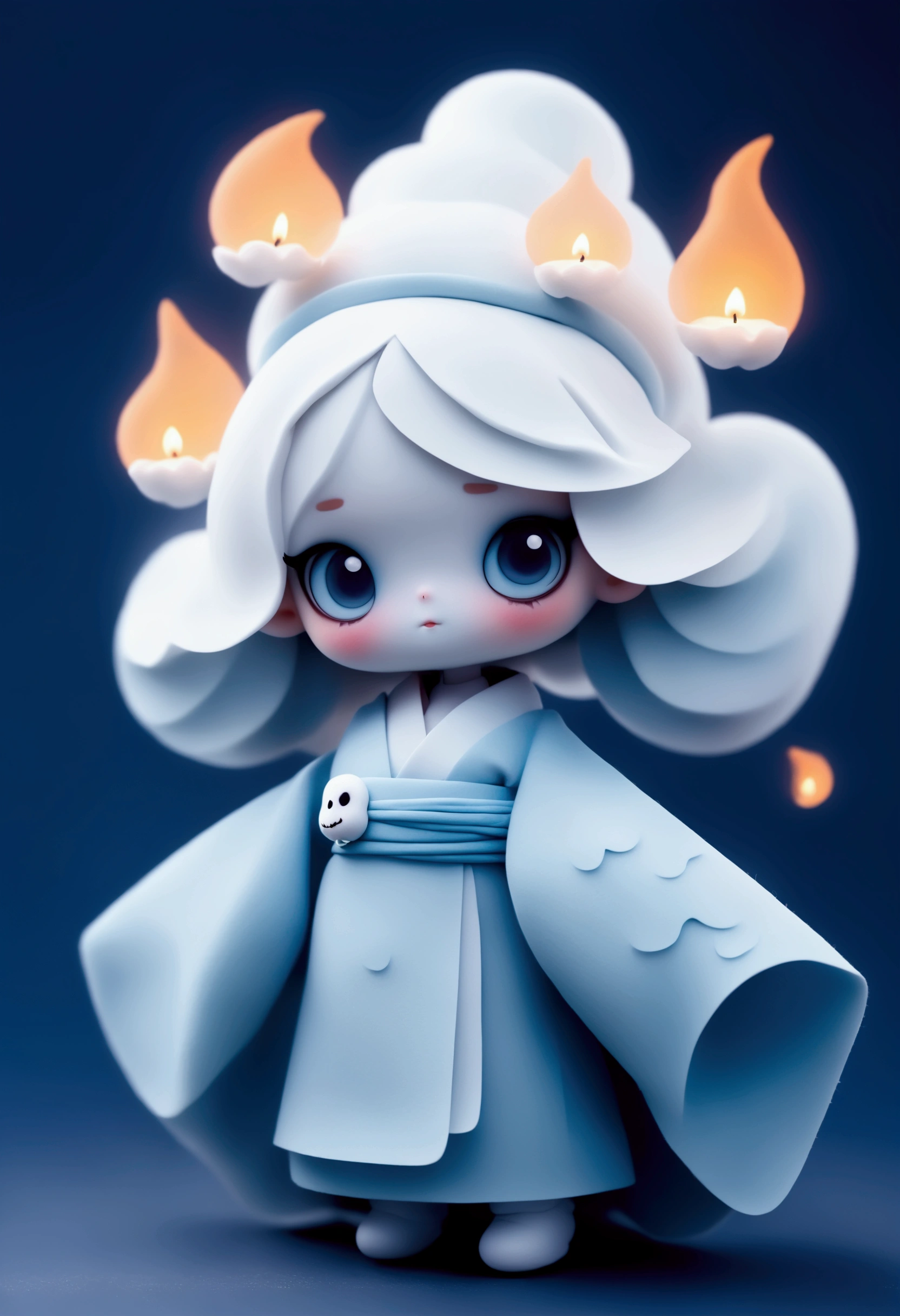 Q-version wool felt, 3D, cute ghost-shaped makeup for the ghost, a mischievous and cute , a lovely white kimono, standing, a white hairband around the head, two flame-shaped paper pieces floating on both sides of the head, Halloween atmosphere, misty and hazy, shallow depth of field, hazy light, mysterious and dreamy, low saturation, horror movie, cold blue tone