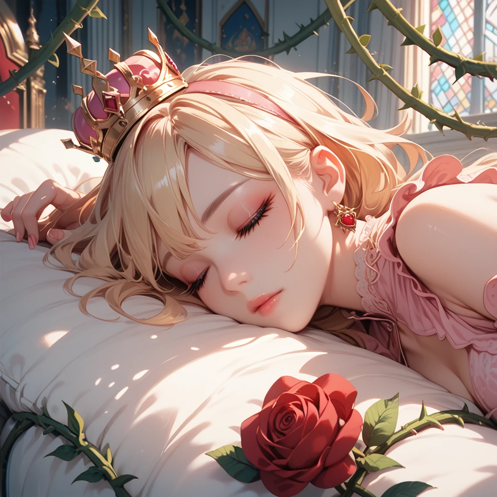 1 woman with long blonde hair and a little golden crown in a pink rococo dress, eyes closed, thick dark lashes, sleeping on a bed of red roses with a castle backdrop and thorn vines, holding a red rose