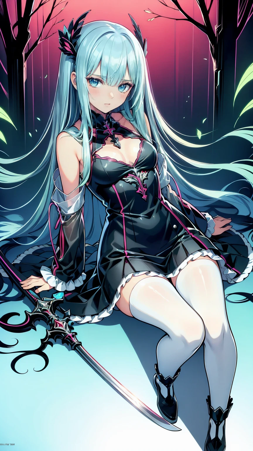 masterpiece,  best quality , extremely  Details, (Illustration, Official Art:1.1),  1 girl ,(((( light blue Long Hair)))), ,(((( light blue Long Hair)))), light blue hair , , Long Hair (()) , Cute face, masterpiece,  best quality ,((((( cute and colorful decoration ))))),wonderful,beautiful  Details eyes, short bang (((( Little Delicate Girl )))),(((Tears))),Droopy eyes.(True beauty:1.2),  Depth,Dynamic Angle,,,, Affectionate smile, (True beauty:1.2),,( small single girl model :1.2),)( flat chest), Long Hairの美しいアニメ風の***,,((( Details))) blue eyes ,Transparent Hair,Face of Sadness, Sad Beautiful Girl ,((( Details)),((( Details))) Beautiful Immoral Girl in a Provocative Black and Grey Dress,,((( Details))) full body shot with chain scythe,Crow,((( Details)))dead tree,fog,Red Moon,Mysterious Flower,Graveyard of Darkness 。, Holding a sword,  ,  holding a sword 