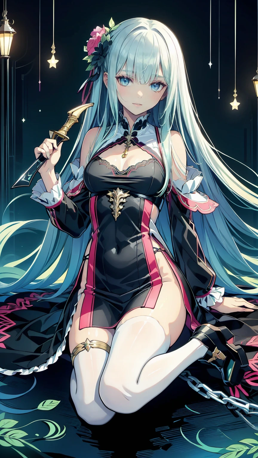 masterpiece,  best quality , extremely  Details, (Illustration, Official Art:1.1),  1 girl ,(((( light blue Long Hair)))), ,(((( light blue Long Hair)))), light blue hair , , Long Hair (()) , Cute face, masterpiece,  best quality ,((((( cute and colorful decoration ))))),wonderful,beautiful  Details eyes, short bang (((( Little Delicate Girl )))),(((Tears))),Droopy eyes.(True beauty:1.2),  Depth,Dynamic Angle,,,, Affectionate smile, (True beauty:1.2),,( small single girl model :1.2),)( flat chest), Long Hairの美しいアニメ風の女の子,,((( Details))) blue eyes ,Transparent Hair,Face of Sadness, Sad Beautiful Girl ,((( Details)),((( Details))) Beautiful Immoral Girl in a Provocative Black and Grey Dress,,((( Details))) full body shot with chain scythe,Crow,((( Details)))dead tree,fog,Red Moon,Mysterious Flower,Graveyard of Darkness 。, Holding a sword,  ,  holding a sword 