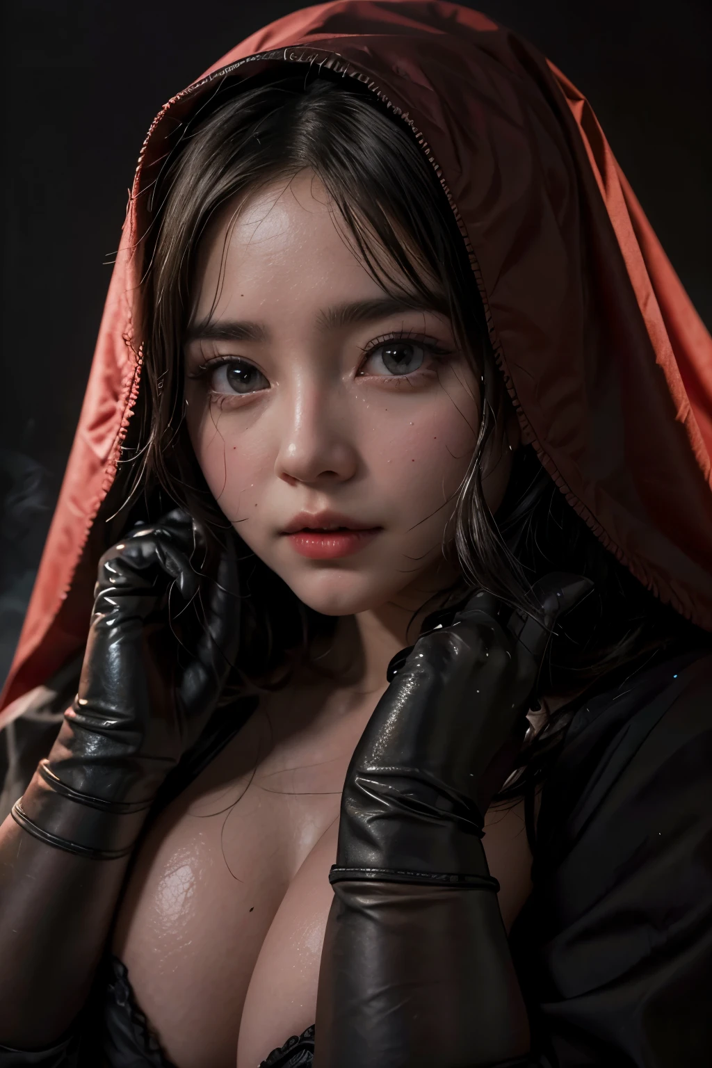 a chubby elegant woman in a red veil covering her eyes, fingers on her lips, long red nails, black background, photo-realistic, high quality, intricate details, oil painting, dramatic lighting, muted colors, mysterious atmosphere