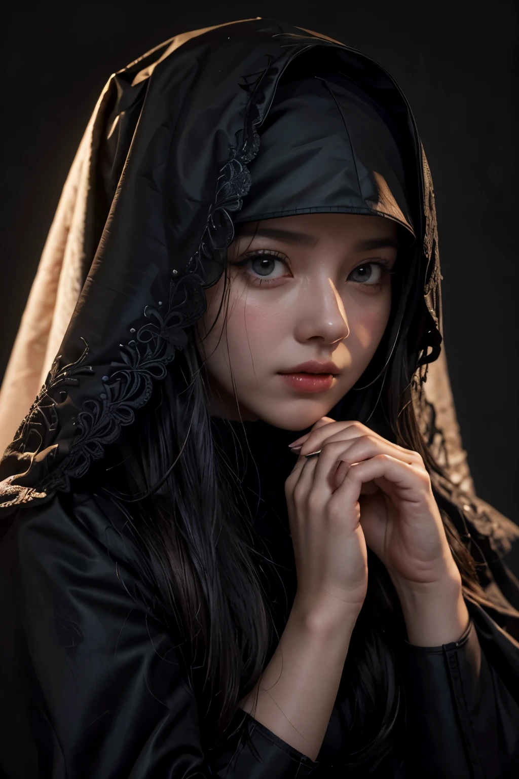 a chubby elegant woman in a red veil covering her eyes, fingers on her lips, long red nails, black background, photo-realistic, high quality, intricate details, oil painting, dramatic lighting, muted colors, mysterious atmosphere