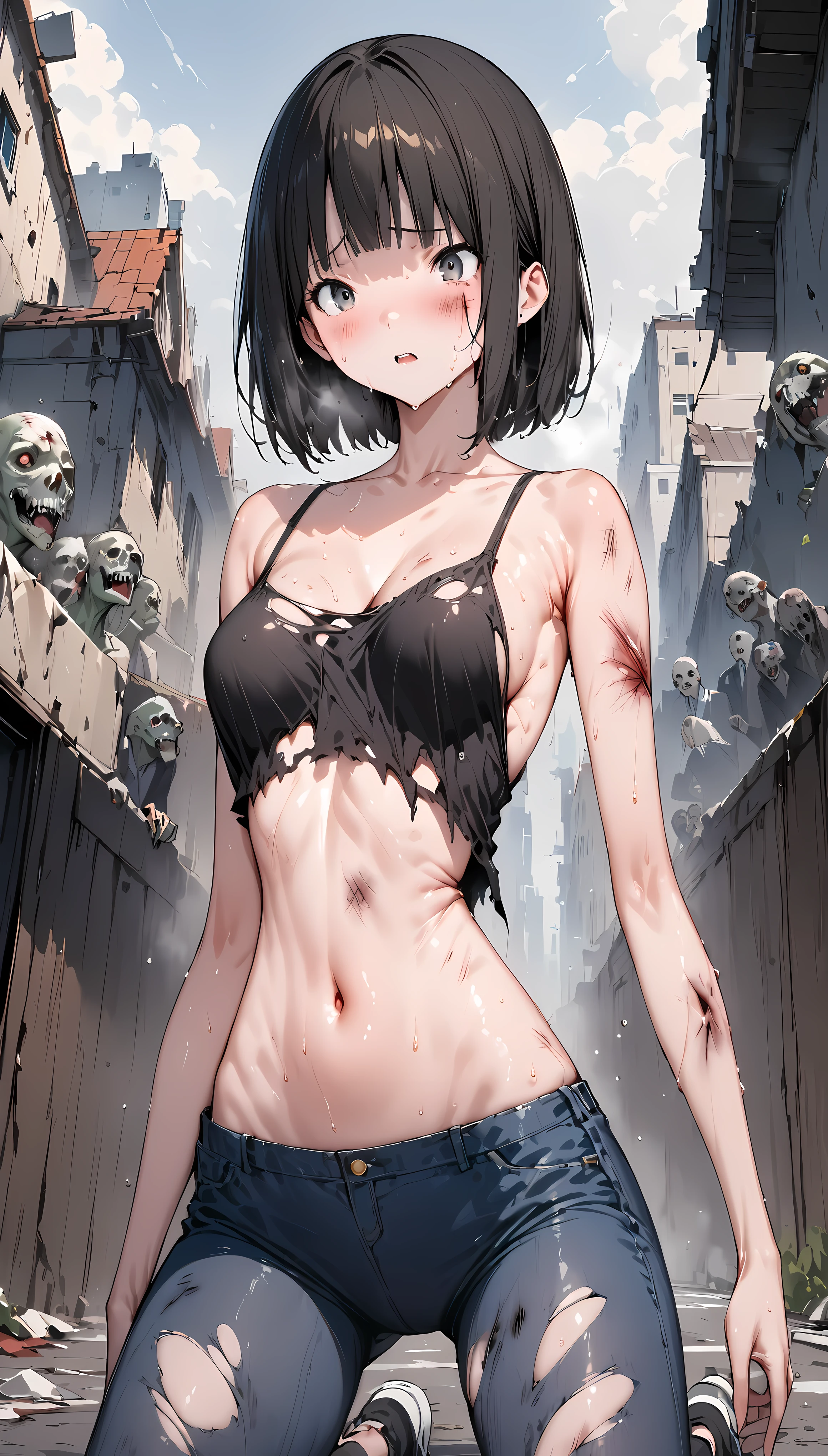 1 girl, short hair,black hair, navy blue competitive swimsuit,restrained, please raise your hand, Are standing, armpit, barefoot, whole body, big breasts,spread your legs, (please raise your hand), crying face, embarrassing, blush,open your mouth wide,(perfect arms) (fine hands:1.6),(bound wrists:1.5), indoor, (fetters:1.8), bondage, open your arms, (perfect arms), (fine hands:1.6),A girl surrounded by a large number of zombies in a laboratory,Shoulder caught by zombie,(lots of zombies around:1.5)