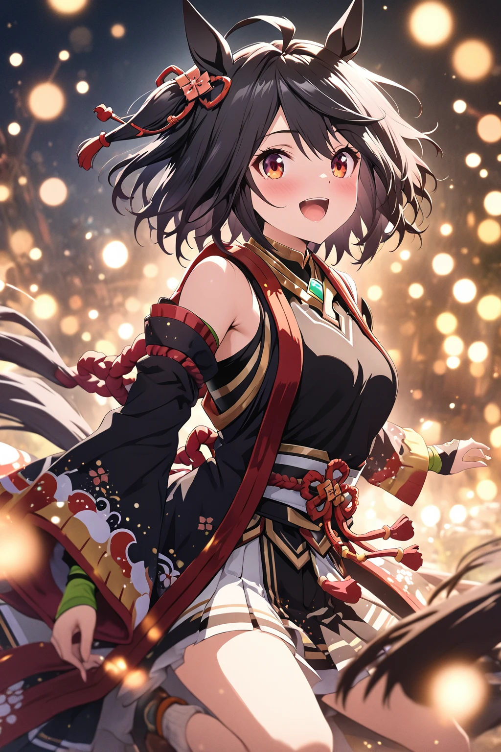 masterpiece, best quality, extremely detailed CG unity 8k wallpaper, A character from the anime Uma Musume. Precise illustration of Kitasan Black,  horse ear, Motion Blur, Depth of written boundary, bokeh photography, dreamy ambiance, glowing circles, mesmerizing depth