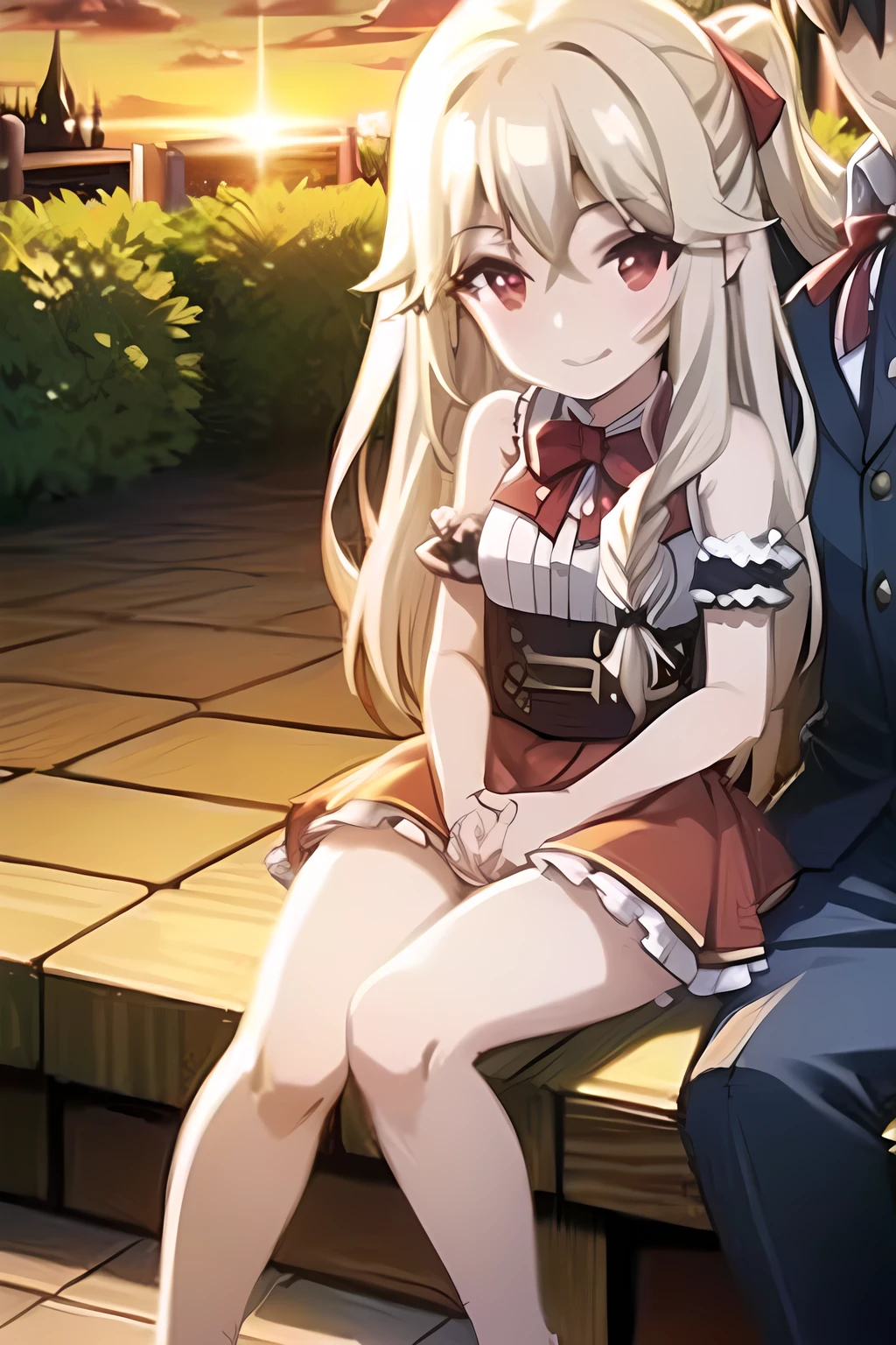 1boy and 1girl with long blonde hair and ruby red eyes spreading pussy with a smile, sitting outside in the city center with her head on his shoulder, romantic, beautiful, sunset