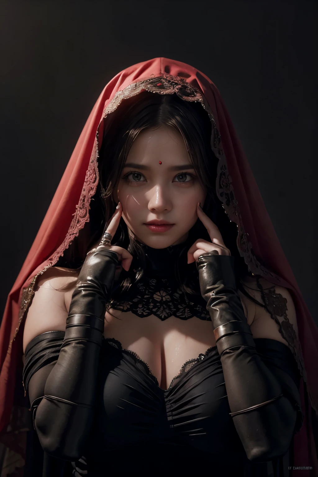 a chubby elegant woman in a red veil covering her eyes, fingers on her lips, long red nails, black background, photo-realistic, high quality, intricate details, oil painting, dramatic lighting, muted colors, mysterious atmosphere