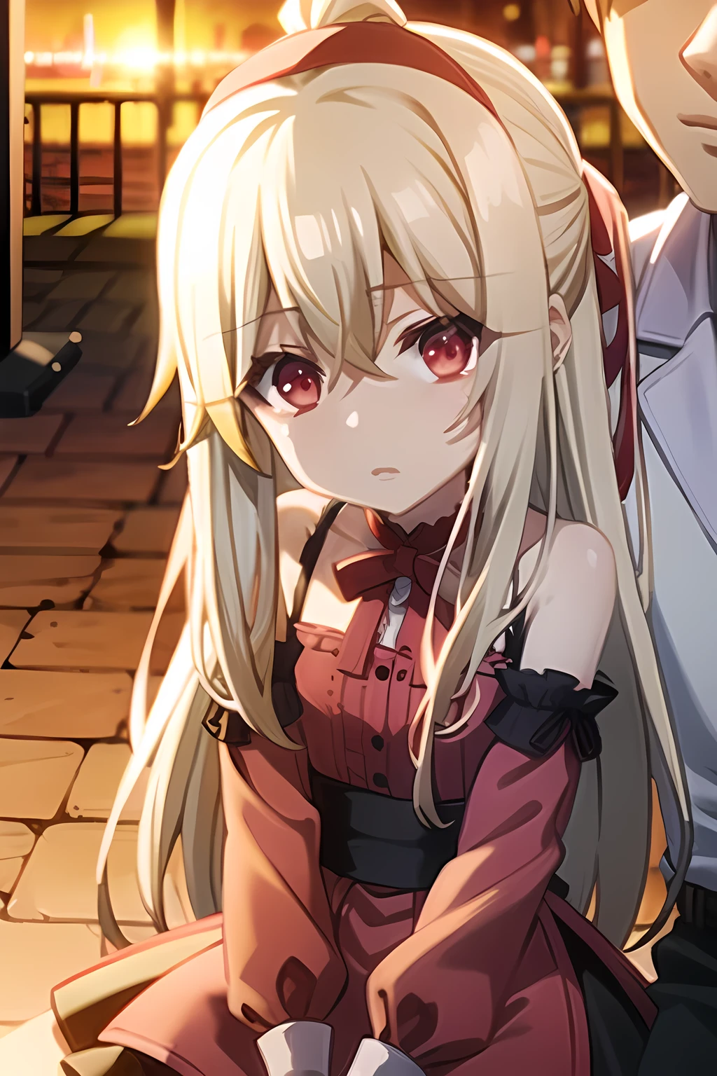 1boy and 1girl with long blonde hair and ruby red eyes in pink and black dress, sitting outside in the city center with her head on his shoulder, romantic, beautiful, sunset