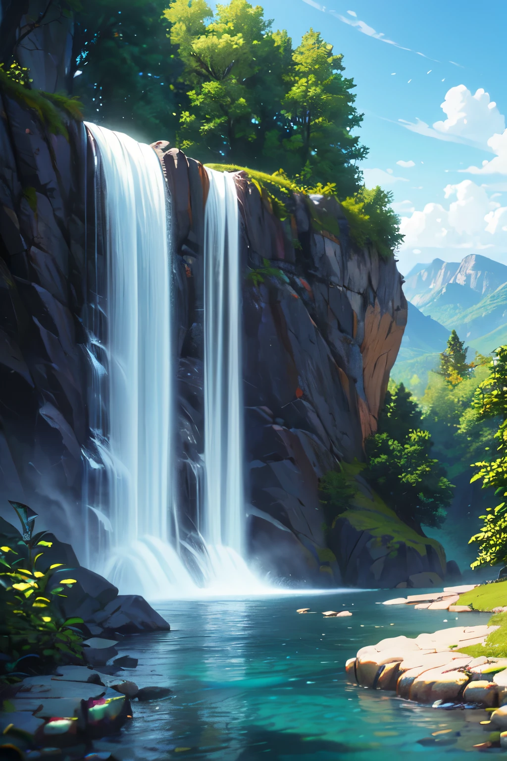 masterpiece, best quality, high quality, extremely detailed CG unity 8k wallpaper, scenery, outdoors, sky, cloud, day, no humans, mountain, landscape, water, tree, blue sky, waterfall, cliff, nature, lake, river, cloudy sky,award winning photography, Bokeh, Depth of Field, HDR, bloom, Chromatic Aberration ,Photorealistic,extremely detailed, trending on artstation, trending on CGsociety, Intricate, High Detail, dramatic, art by midjourney