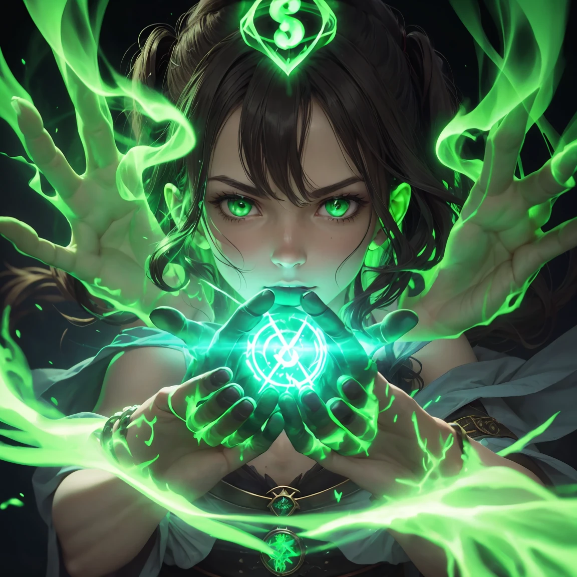  close-up of a person's hand with a green glow,  forming a burning hand spell ,  glowing hands , Glowing fingers , hand of fear,  green radioactive glow , green aura ,  spell icon, Ghost Hands , ancient symbol behind it, ,  fireball hand ,  fantasy game spell symbol ,  with glowing runes on the hands, only hands, RIGHT HANDS 