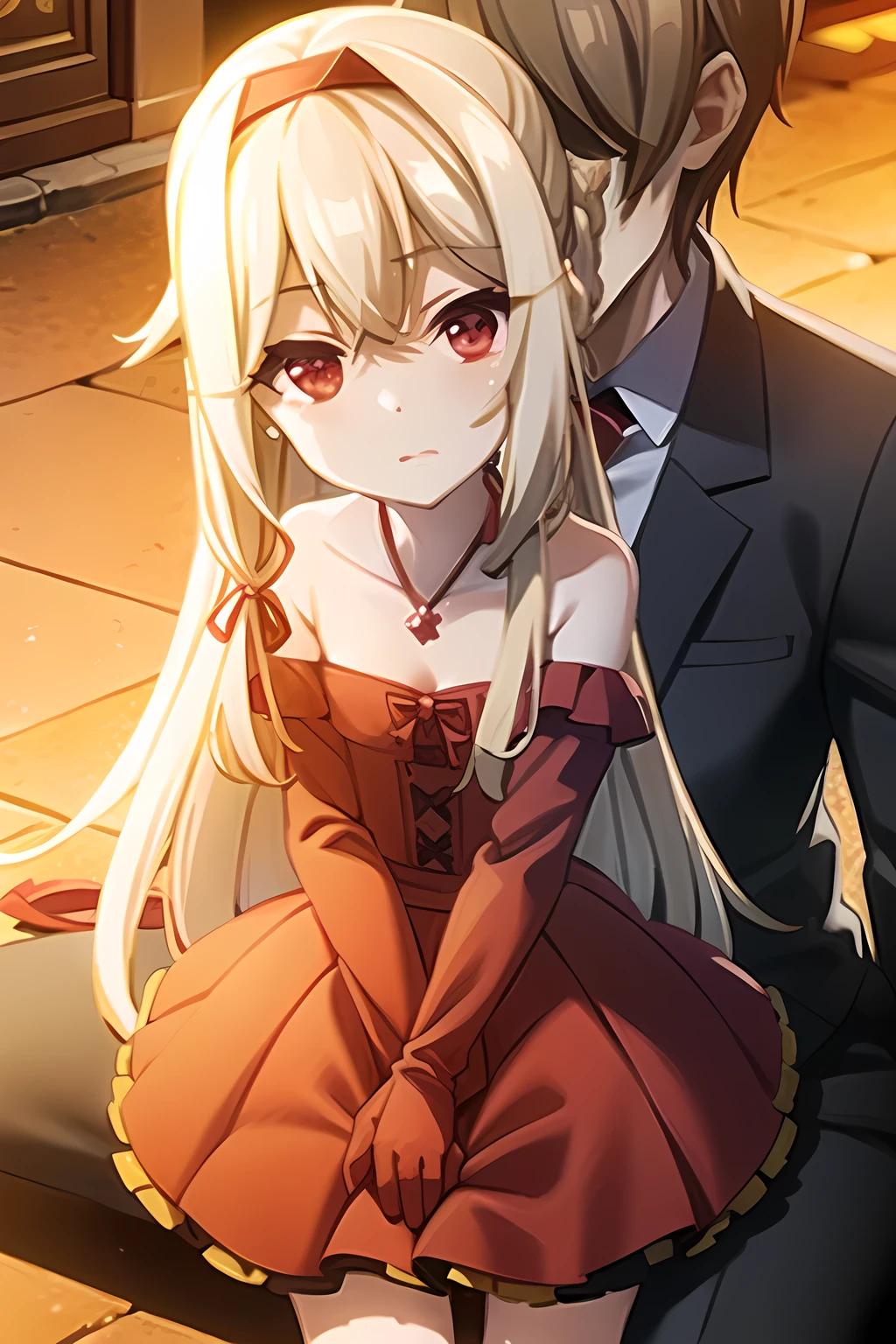 1boy and 1girl with long blonde hair and ruby red eyes in a golden dress, sitting outside in the city center with her head on his shoulder, romantic, beautiful, sunset