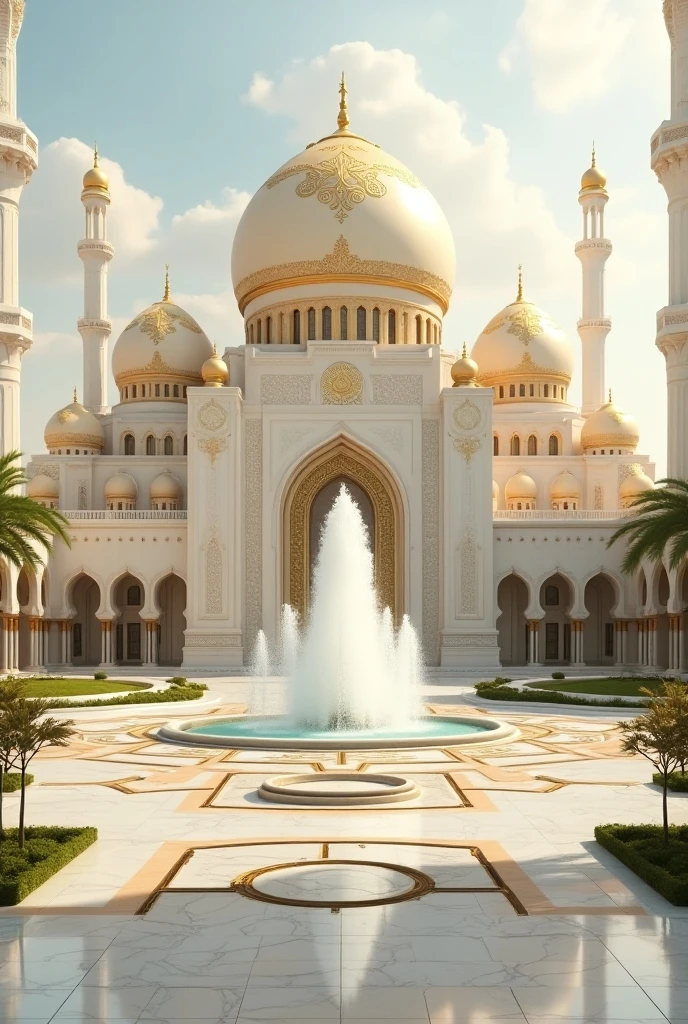 "A tiny futuristic mosque inspired by Disneyland concepts, blending traditional Islamic architecture with thematic areas. The mosque has separate zones: one for learning about the Quran, one depicting Islamic history with visual displays, and a serene garden symbolizing paradise with lush greenery and fountains. The central prayer hall is illuminated with soft lighting and features interactive elements, such as a video projection on the dome showcasing Islamic stories. The exterior is clean and well-maintained, with friendly attendants. Families are seen engaged in various activities, making the mosque a welcoming and inclusive place for all ages."