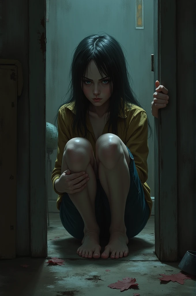 24years old Japanese girl,black medium hair,wearing red pantyhose,white dress, Mouth open and painful expression,Old and dark mansion, Arms tied above,Riding a wooden stick,full shot