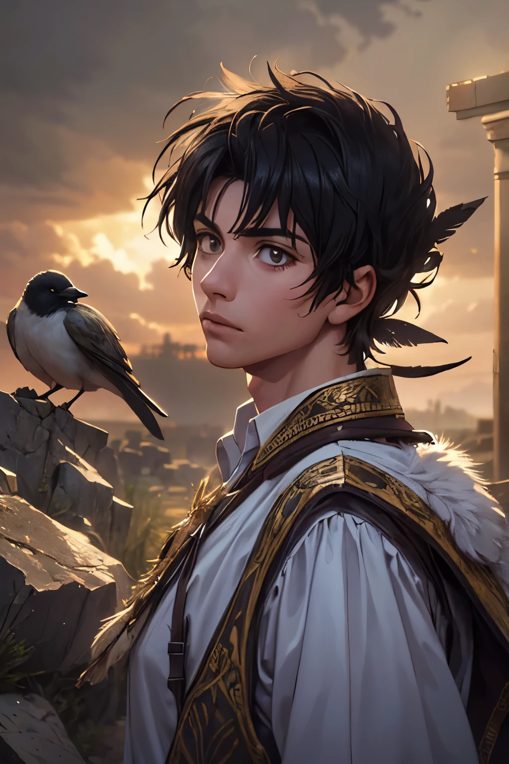 The scene is atmospheric and open, ancient sacrificial pictures, smoky and full of smoke, birds in human clothes dancing, worshiping Sunday, (detailed costume details, detailed clothing light sense), faintly appearing, detailed bird feather details, cumbersome and complex picture feeling, (full of weird and mysterious pictures), the background is cloudy, photos are realistic, 8k,