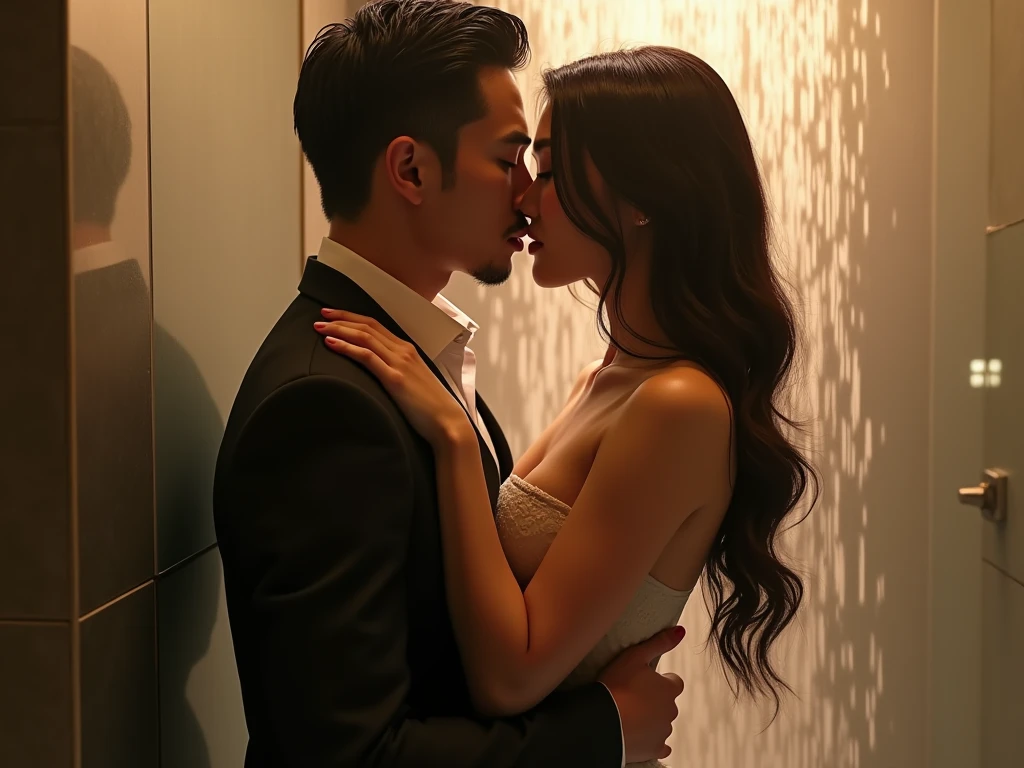 an asian milf with sexually attractive body wearing a low-cut short dress and young boy in school uniform standing next to her