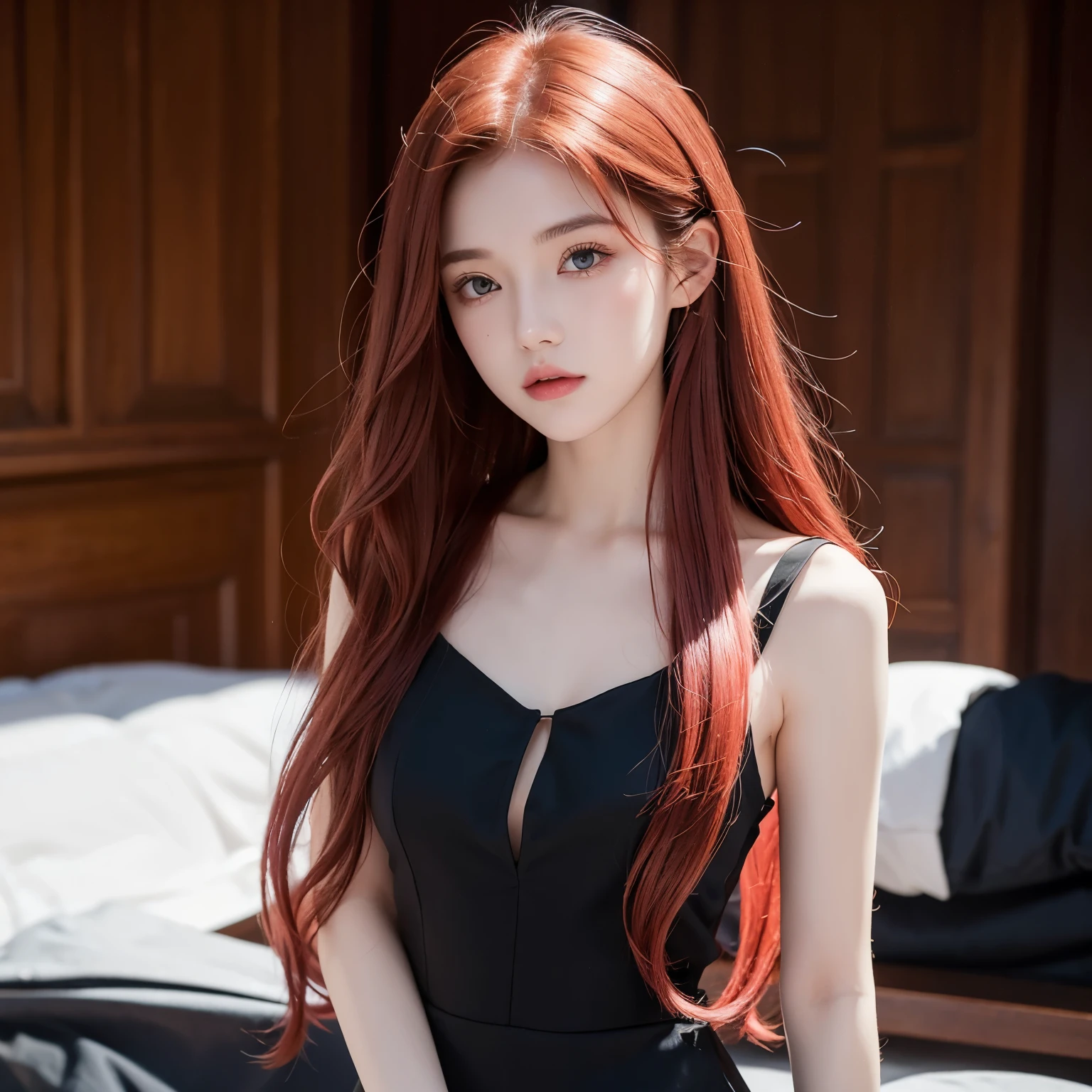  An 18-year-old girl with long red hair , Heterochromic pupils,  pale skin , Flat chest,  wears a black dress with a cool pink shirt, with a more elegant and sophisticated style ,  something that matches her mysterious and powerful personality . Comprehensive,  Her appearance will stand out  ,  attracted curious and fascinated eyes , Flat chested,Chromatic Aberration, Backlight, masterpiece, High Detail, high quality, 4K.Pink long hair