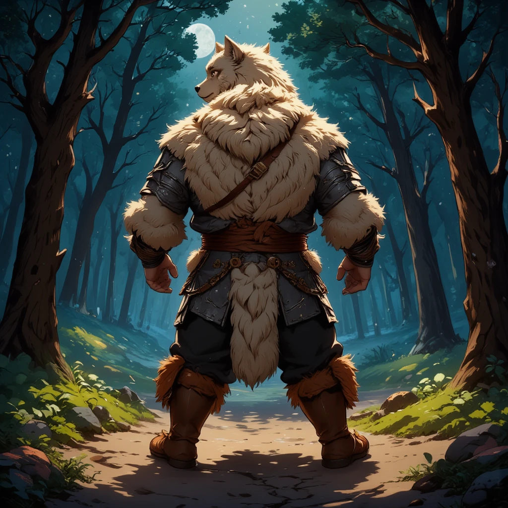 character focus, full body, looking away, back view, back focus, various angle, european fantasy, a muscular middle-aged wolf man, clothed, heroic costume, armor, pants, dynamic pose, BREAK complete anatomy, perfect proportions, beautiful thigh gap, fluffy body, intricate fur details, beautiful fur texture, BREAK a detailed wolf tail, detailed boots, detailed foot, detailed hands, 5fingers, 5fingers nails, BREAK aesthetic anime face, insanity detailed face, male face, big face, square jawline, aesthetic anime eyes, detailed brown eyes, detailed brown cornea, detailed dark brown irises, detailed pupils, male eyes, big eyes, male eyebrows, innocent look, beautiful beard, BREAK full body in Michelangelo Buonarroti style, digital illustration anime, housamo style, detailed painting landscape, night, england forest, path, outdoor, full color, HDR, BREAK masterpiece, official art, best quality, very aesthetic, absurdres, super fine illustration, great quality, BREAK noise reduction, very highres, large filesize, high quality, 32K, 8k wallpaper, dynamic lighting, BREAK insanity detailed, ultra detailed, intricate details, extremely detailed, detailed texture, an extremely delicate and beautiful, BREAK osukemo, e621 illustration, Fur Affinity illustration, kemohomo, anthropomorphic, furry, cartoon, harmonious body, pastoral face, virtuous eyes, epic atmosphere