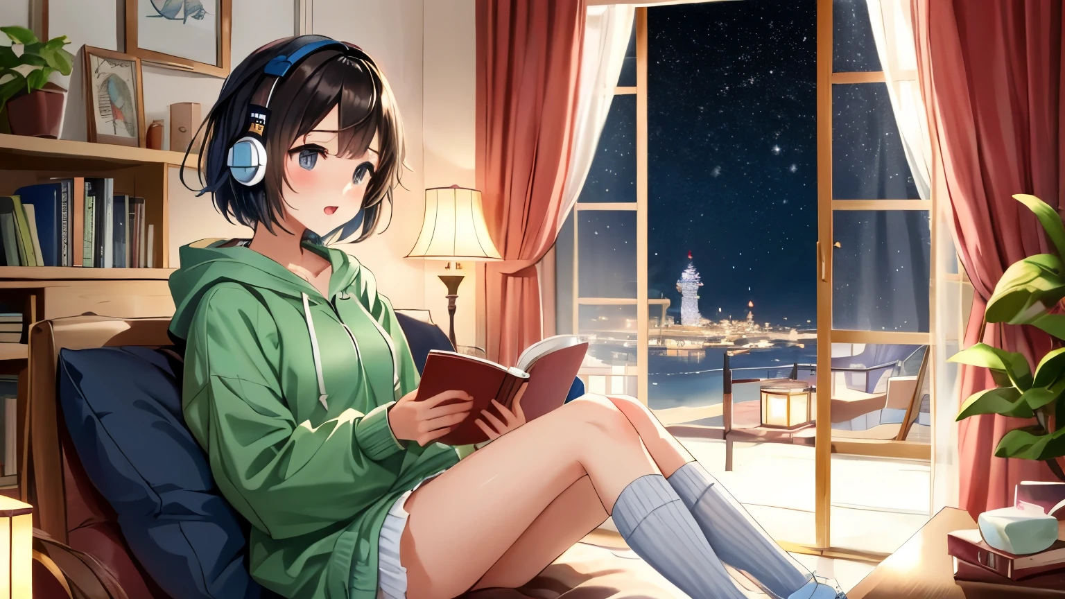 "A super cute anime-style girl with short, black hair and large, shiny eyes, wearing a cozy oversized hoodie and knee socks. She’s sitting on a comfy sofa in a room filled with warm, personal touches like a coffee table with a cup of tea, books scattered around, and a glowing lamp. She has large headphones on, listening to music, and is holding a book in her lap. The room feels lived-in, with a soft rug, pillows, and houseplants. The window shows a starry night sky with green mountains and the shimmering sea. The artwork is highly polished, using smooth, flat color tones, crisp anime-style linework, and a soft, pastel color scheme, capturing the warmth and charm of Japanese anime."