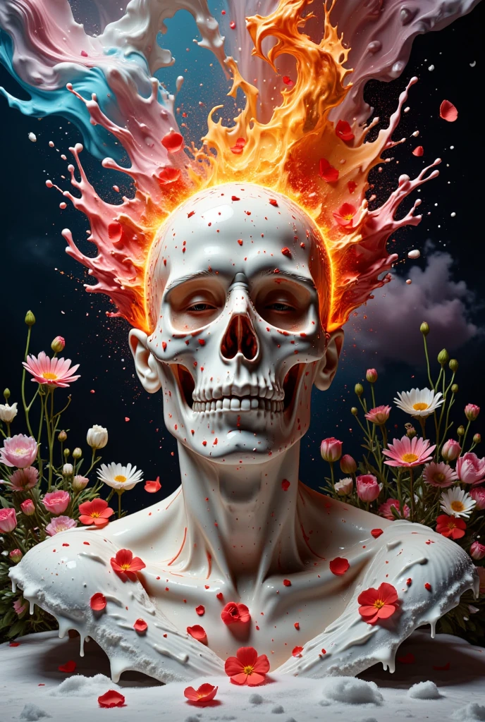 ( surrealism :1.2), Burning skull,pray, Open your third eye and look at your forehead, In the snow, psychedelic sky, Flowers in the background,  actual ,   intricate details,  Vivid Colors .
