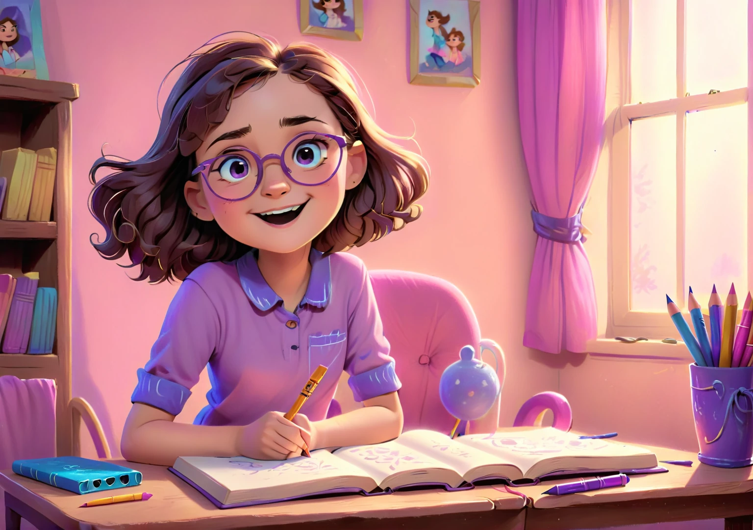 Clara Colorina, a    girl with brown wavy hair, using glasses. Is drawing, happy expression. Wearing purple shirt, pink shorts and blue boots. The style of the illustration resembles a classic ren’s book combining with a Disney cartoon. Detailed face, intricate details, colorful crayons, cozy indoor setting, beautiful lighting, soft pastel colors, warm tones, cinematic composition, award-winning illustration, highly detailed, photorealistic, 8k, masterpiece, professional, cinematic lighting, soft focus, beautiful composition.