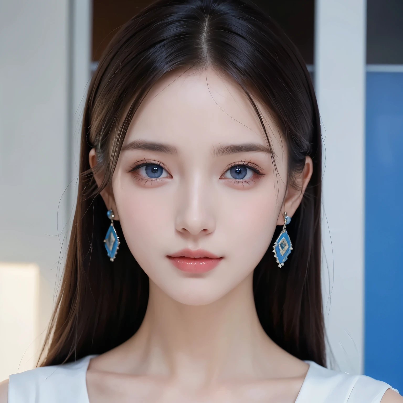 1 female, Dark hair, Blue pupils,  exquisite face , Lovely, Love Earrings,  white dress ,  Standing in front of the office, Fun,  Ultra HD, masterpiece,  best quality,  superdetail, precise