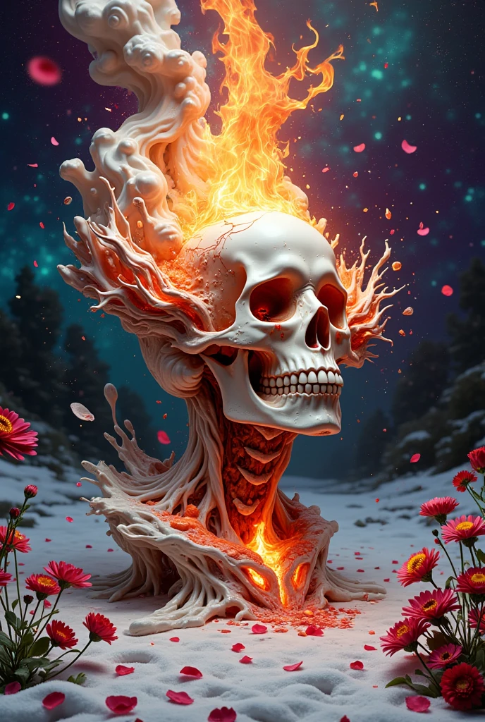 ( surrealism :1.2), Burning skull,pray, Open your third eye and look at your forehead, In the snow, psychedelic sky, Flowers in the background,  actual ,   intricate details,  Vivid Colors .
