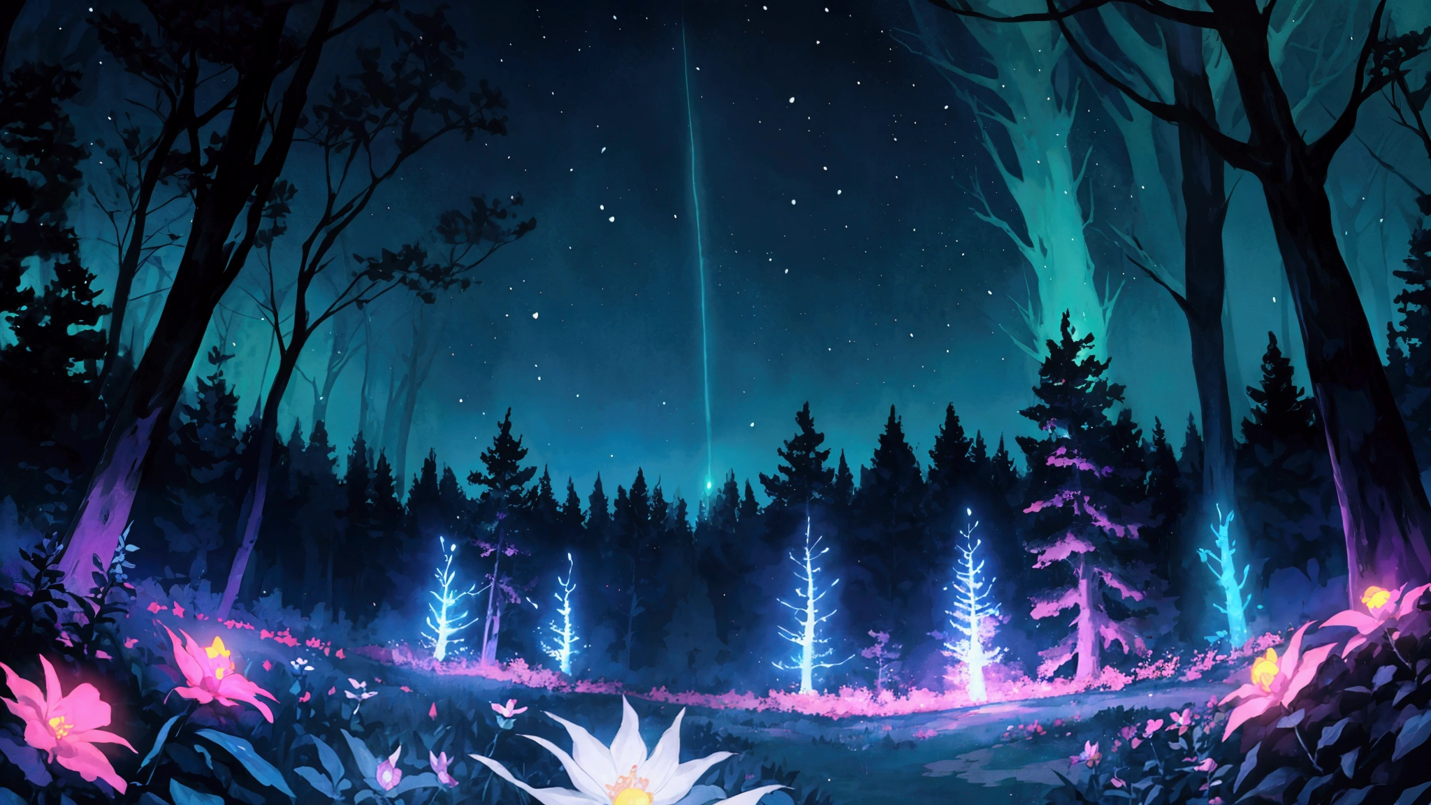Glowing Forest Dark Night Sparkling , Lofi anime style , floral , landscape , natural , Glowing Flower, colorful