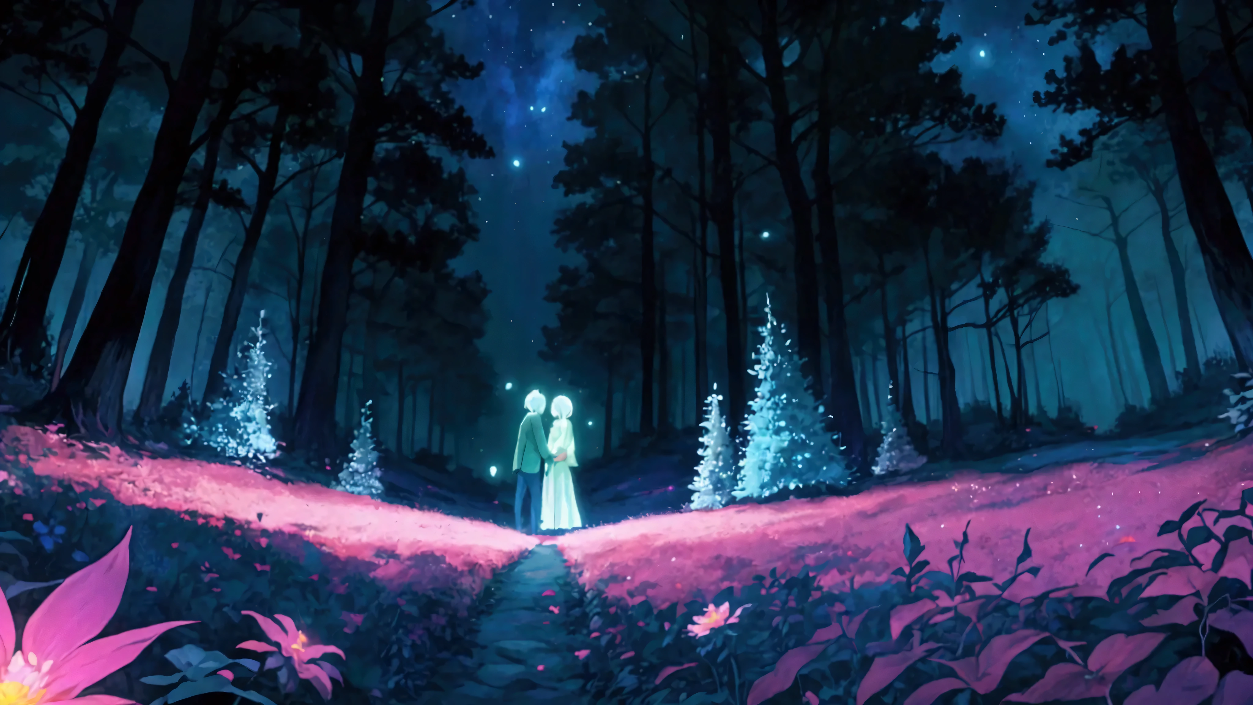 Glowing Forest Dark Night Sparkling , Lofi anime style , floral , landscape , natural , Glowing Flower, colorful