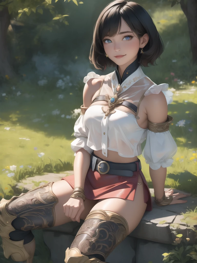 ultra sharp, ultra detailed hair, detailed beautiful face, masterpiece, best quality, absurdres, perfect anatomy, (1girl, solo), good anatomy, Ashelia, short hair, translucent AsheliaOutfit, miniskirt, thighhighs, jewelry, belt, standing, cowboy shot, smile, dynamic pose, dynamic angle, outdoors, plains, hills, dripping wet transparent clothes, (sitting, spreading legs by hands), spread crotch by hands, spread_pussy, (spreading pussy by hands)