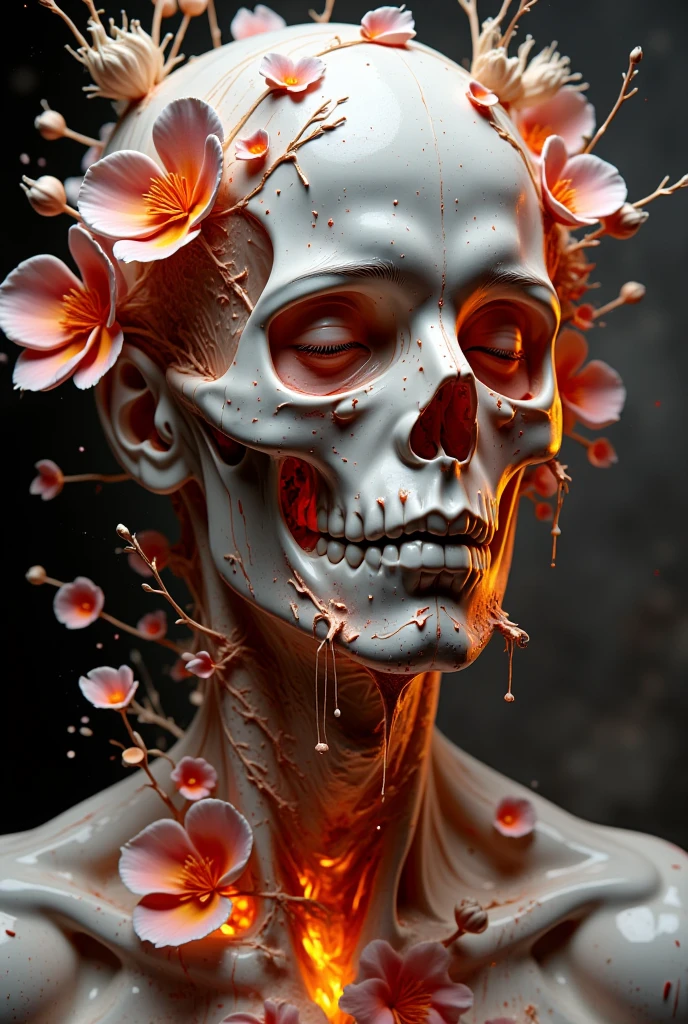  close-up of a person with a skull and flowers, Digital Art inspired by Mike Winkelmann,  zbrush Central Contest Winner , Digital Art,  Fiery Skull Thinking of Life , amazing Digital Art, Fantasy Skull, Bepple. hyperRealism, horrific Digital Art, beautiful Digital Artwork, Surreal Art, surrealistic Digital Artwork, gorgeous Digital Art, Realism | Bepple