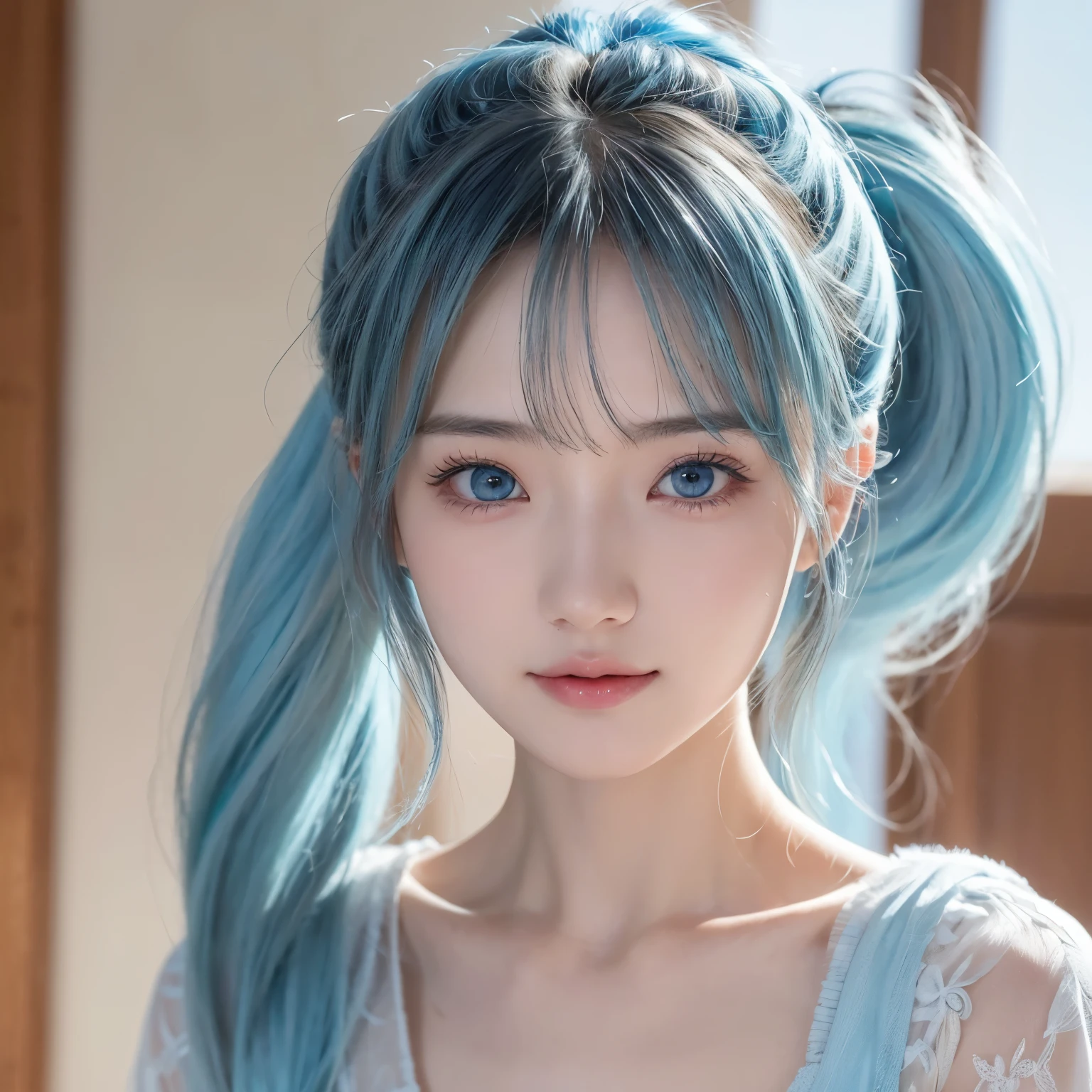 (masterpiece), ( best quality), ( super detailed),(  Messy hair),(illustration), (1 Girl),  to a standing, Smile,   exquisite detailed eyes  ,  Light blue eyes,  Delicate Beautiful Face , (Kamisato Ayaka: 1.2), Focus on the face,  Ponytail, Kamisato Ayaka( genshin ),  Light Blue Hair ,  detailed hair , Bangs, Optimal lighting,  Best Shadow ,  is very detailed , Vibrant