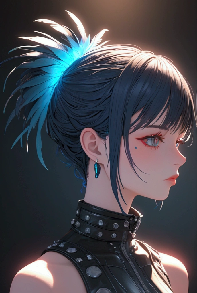 illustrationอนิเมะ 3 มิติ,  1 girl, Solo,  High Detail, Multicolored hair,  Full Face, earring, The face looks like it&#39;s going to cry., Side view,  Feather Hair Ornament, Glow, illustration, 3D rendering,  Anime Style, Punk girl, cyberpunk style 