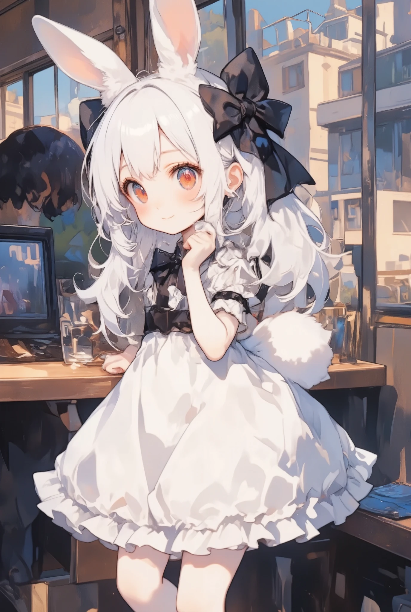 girl\(chibi,cute,kawaii,small ,white hair,very long hair,bangs,ear\(fluffy white bunny-ear\), bunny tail at hip,red eye,big eye,beautiful shiny eye,skin color white,big black hairbow,white frilled dress,breast,full body,smile,cute pose,looking away\),background\(in the train\),view from side