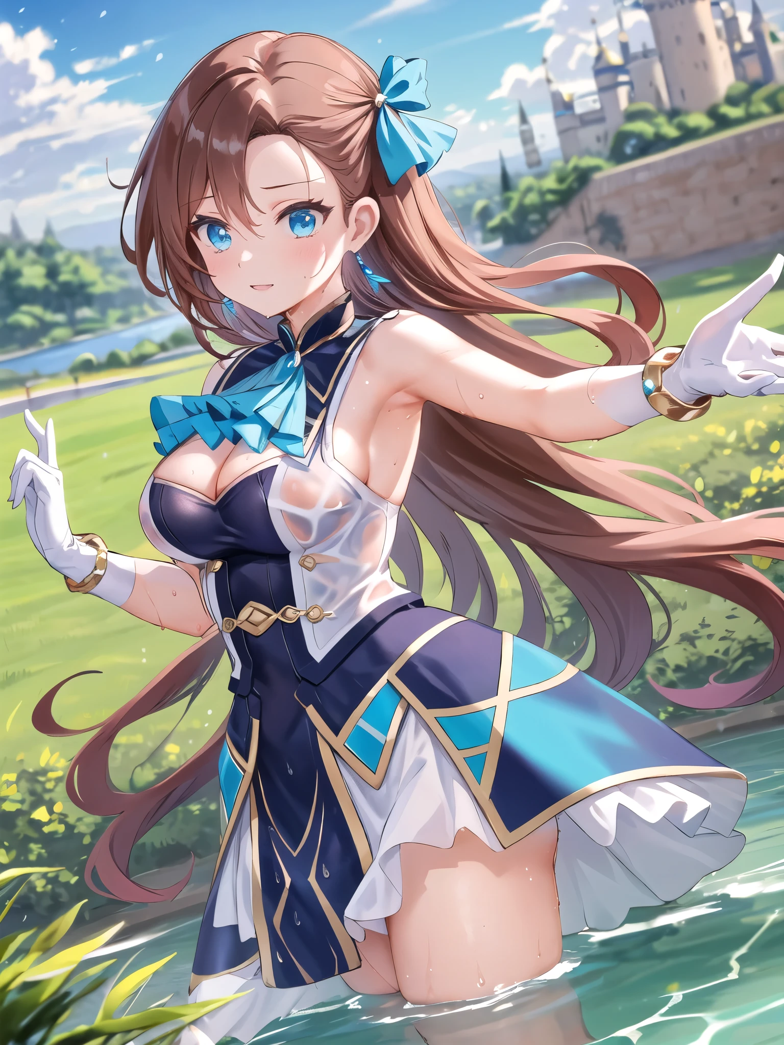  sleeveless,Armpit Show,See-through clothing,Wet, cleavage,masterpiece, ( best quality :1.2),  Kampala, (landscape:1.2), Light,  1 girl , Alone, Katarina Claes,  Asymmetrical bangs ,  earrings with cups,  Hair Ribbon , Blue dress,  long dress , High collar, Ascot, brooch, White gloves,  bracelet, landscape /( Royal Castle/), Raffle,