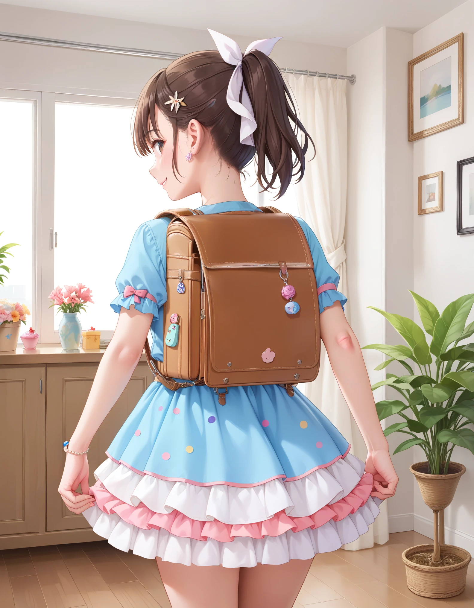 Masterpiece, hd, 1girl, brown hair, short hair, ponytail, hair ribbon, smile, a girl wearing colorful dress, party dress, frilled dress, frilled sleevs, short sleeves, a girl wearing brown backpack, indoor, rooms, randoseru backpack,keychain accesories on bags, from behind