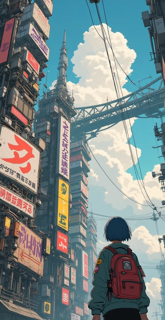 An anime-style scene in a futuristic, cyberpunk cityscape viewed from a very low angle, looking up at the towering, worn-down buildings. The buildings feature large, colorful billboards and neon signs, blending decayed urban structures with futuristic technology. Overhead, there are interconnected bridges and wires stretching across the sky, which is bright with soft clouds. In the middle of the buildings is a young girl with short, dark blue hair stands with her back to the viewer, wearing a backpack and a jacket adorned with patches. She gazes upward in awe, overwhelmed by the towering structures. The scene is full of vibrant colors and detailed line work, typical of anime-inspired art.