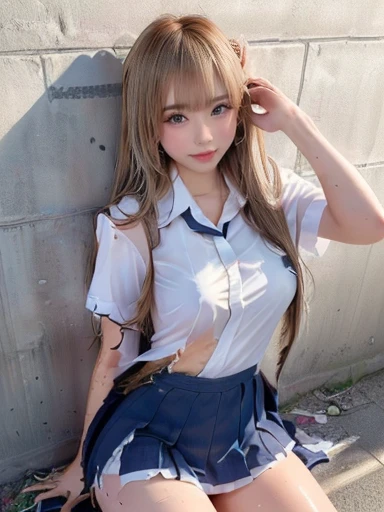 1 girl, single, alone, Beautiful woman、((I could see the whole body:1.3))、 ((middle wave hair, bangs, brown hair)), ((brown eyes, beautiful eyelashes, realistic eyes)), ((detailed face, blush:1.2)), ((smooth texture:0.75, realistic texture:0.65, realistic:1.1, Anime CG style)), perfect body,  (( white shirt)), ((black skirt:1.3)), 1 girl,(highest quality,4k,8K,High resolution,masterpiece:1.2),1 Beautiful woman,18-year-old,35mm lens,f/1,considerable breasts,soft sunlight,bright colors,playful expression