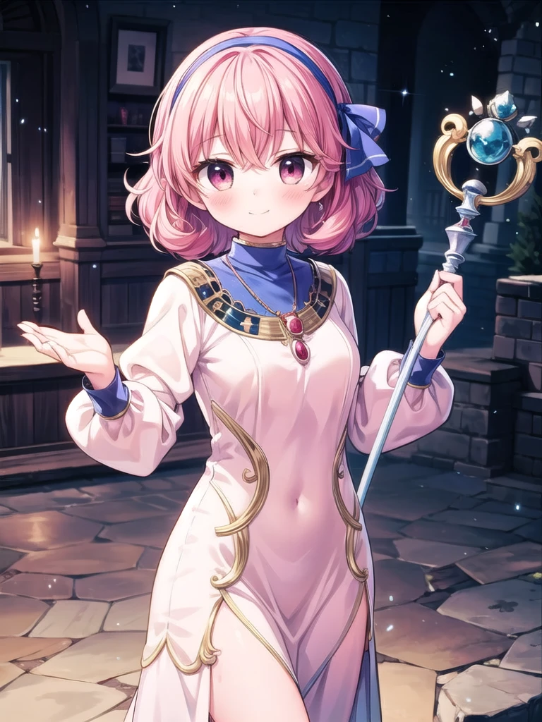 1girl, solo, masterpiece, best quality, perfect hands, smile, blush, closed mouth, genny, hairband, necklace, long dress, holding magic staff, magic, cowboy shot, short hair, curly hair