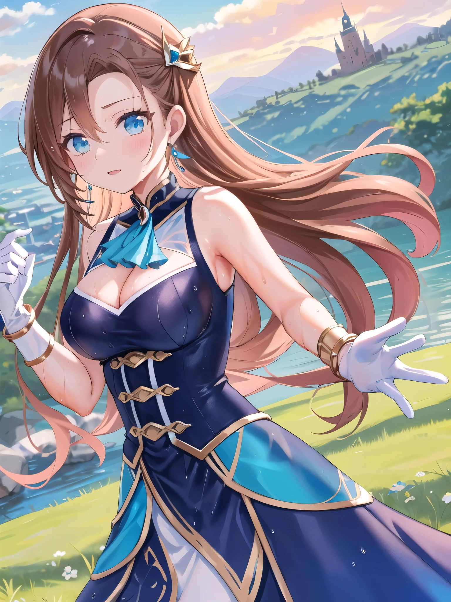  sleeveless,Armpit Show,See-through clothing,Wet, cleavage,masterpiece, ( best quality :1.2),  Kampala, (landscape:1.2), Light,  1 girl , Alone, Katarina Claes,  Asymmetrical bangs ,  earrings with cups,  Hair Ribbon , Blue dress,  long dress , High collar, Ascot, brooch, White gloves,  bracelet, landscape /( Royal Castle/), Raffle,