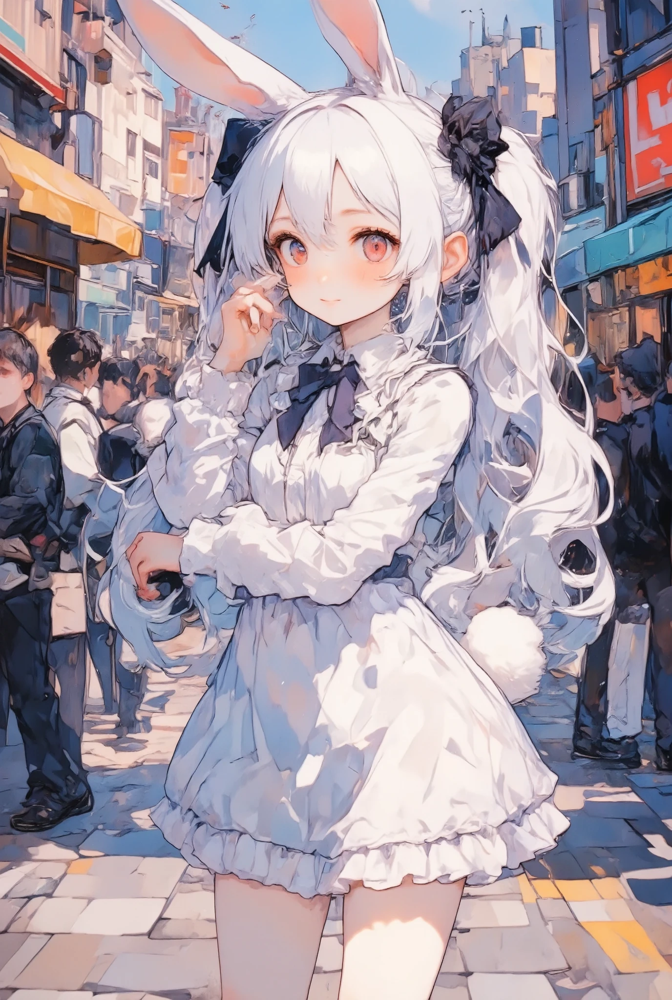 girl\(chibi,cute,kawaii,small ,white hair,very long hair,bangs,ear\(fluffy white bunny-ear\), bunny tail at hip,red eye,big eye,beautiful shiny eye,skin color white,big black hairbow,white frilled dress,breast,full body,smile,cute pose,looking away\),background\(in the crowdy city\),view from side,long shot view