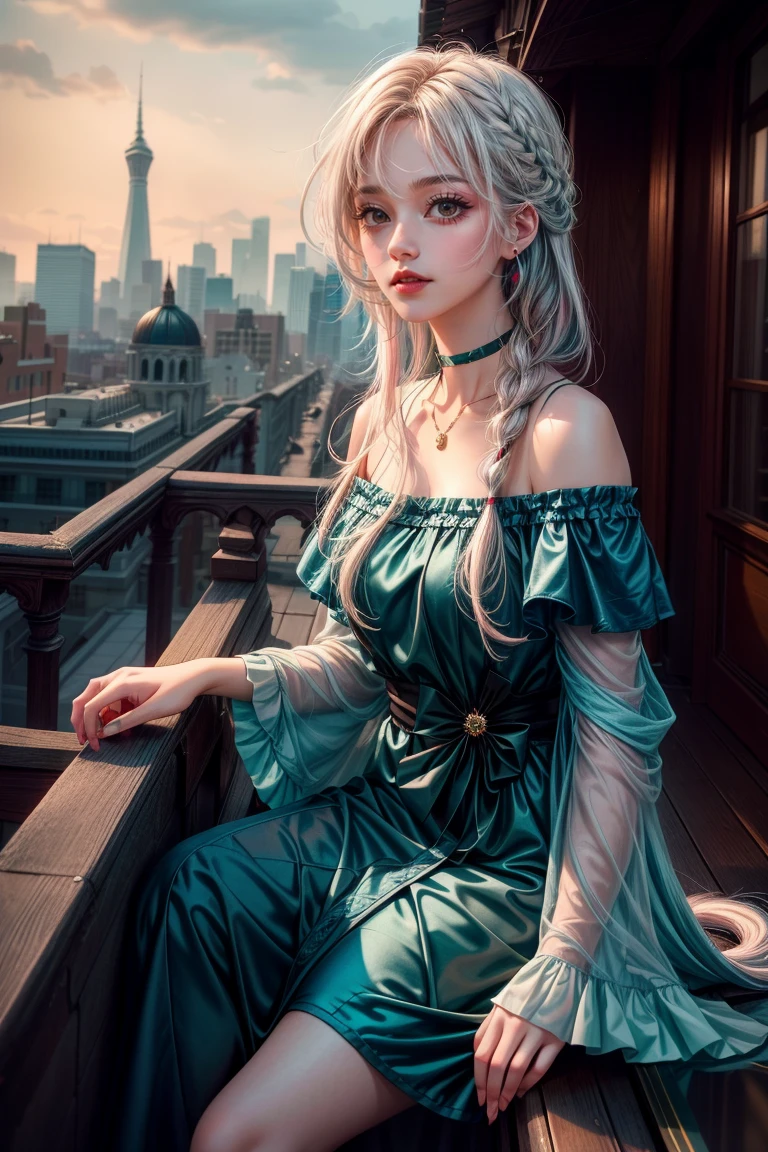 Highly detailed and realistic, soft lighting, cool tones. A girl with long, flowing hair (with a gradient of dark blue and teal) sways gently in the wind on a rooftop. Her hair, slightly tousled yet elegant, bathes in soft sunlight, with subtle reflections bringing out the various shades of blue. She has pale, flawless skin, soft makeup and a hint of red, and her naturally parted lips are slightly open. She looks down and shy, exuding a calm, introspective vibe. She wears a delicate choker and a simple, dark, off-the-shoulder top, amplifying her serene, atmospheric presence.

The scene is shot from the knees up as if it were taken with a smartphone color lens, exuding an intimate, candid atmosphere. A rooftop is shown in the background, with the minimalist city structure blurred to highlight the girl. A soft wind blows her long, wavy hair, subtly interwoven with intricate braids, accentuating her dreamy look. Her eyelashes are tinted, enhancing the overall dreamy atmosphere. A rooftop railing and a cityscape in the distance are visible, and the cool ambient light of an overcast sky creates a serene atmosphere. The overall mood is introspective and peaceful, with her multi-colored hair contrasting beautifully with the serene urban backdrop