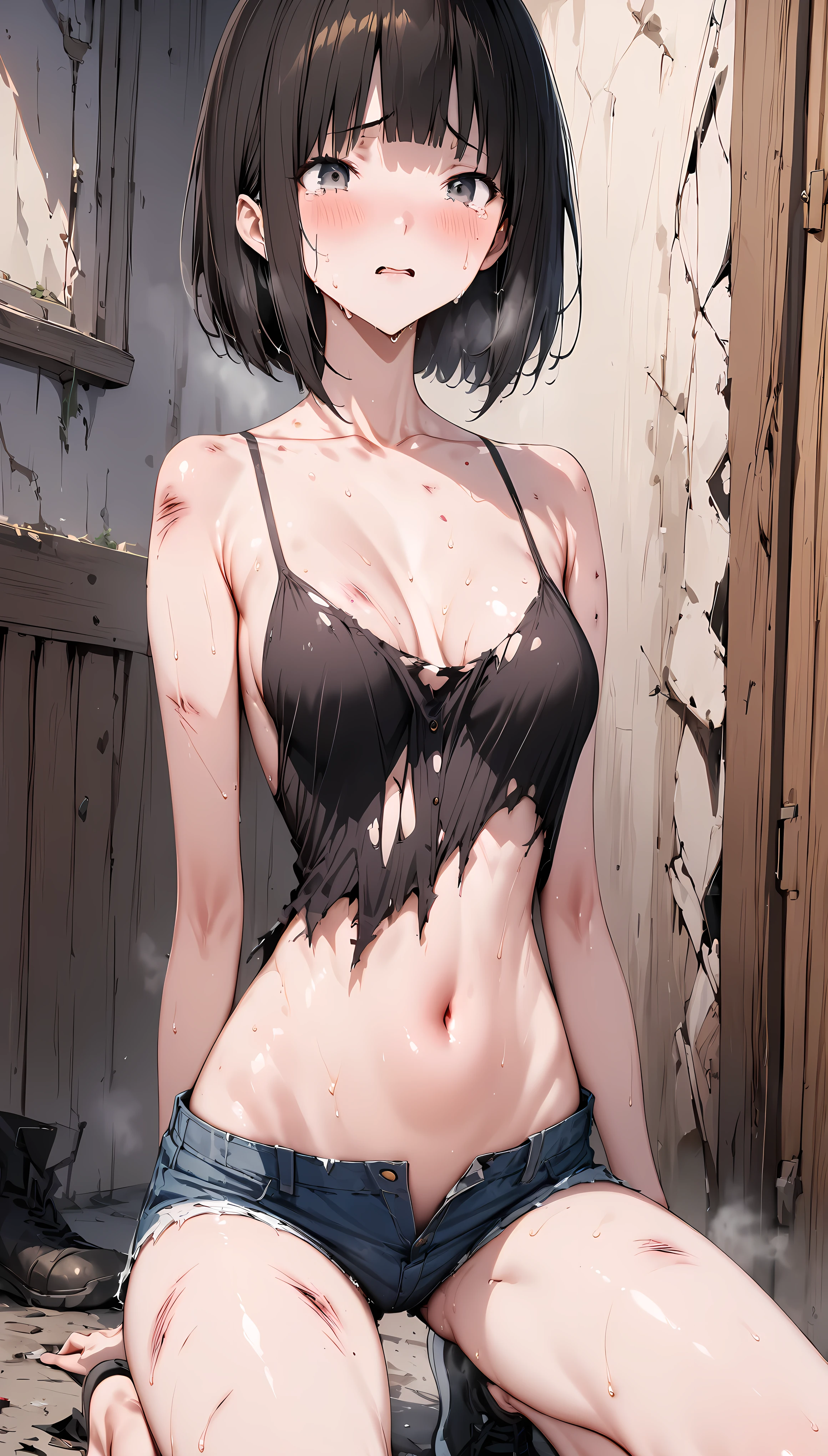 ((masterpiece,Best Quality:1.3,best quality illustrations)),portrait,cowboy shot,1woman,(adult:1.3),(short bob cut hair),black hair,(very small head),gorgeous eyes,gray eyes,tears,(very long body),medium breasts, black camisole、navel、(denim shorts,low-rise),(Torn clothes、Injury、Bruises from being hit:1.3),slender body,toned body,shiny skin,sweat,steaming body,kneeling,Black sneakers、hide,Abandoned house、Ruined City、 in the world of Resident Evil、